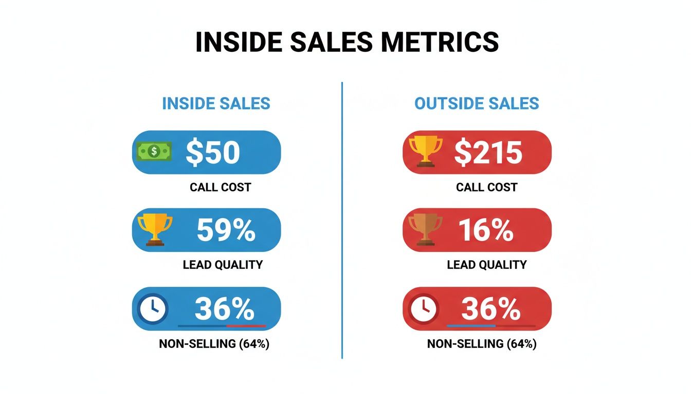 An infographic comparing inside and outside sales metrics for call cost, lead quality, and non-selling time.