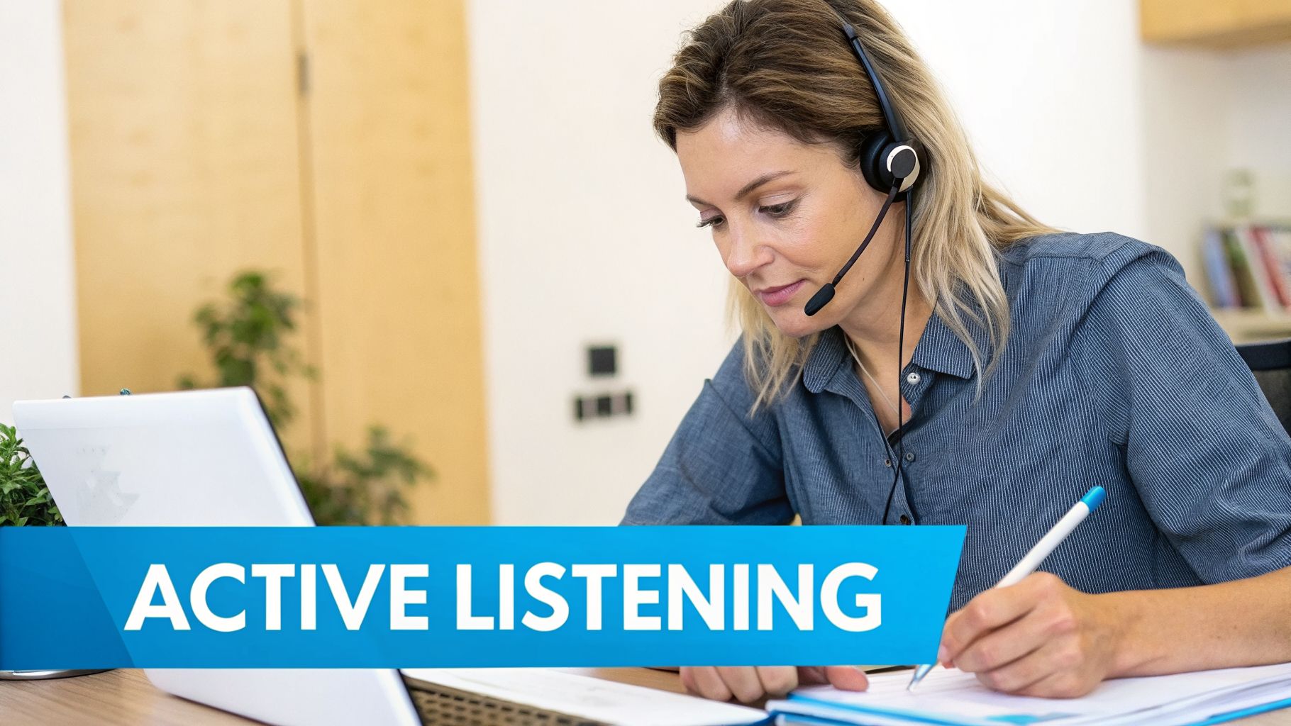 A professional woman wearing a headset takes notes at a desk, embodying active listening for customer service.