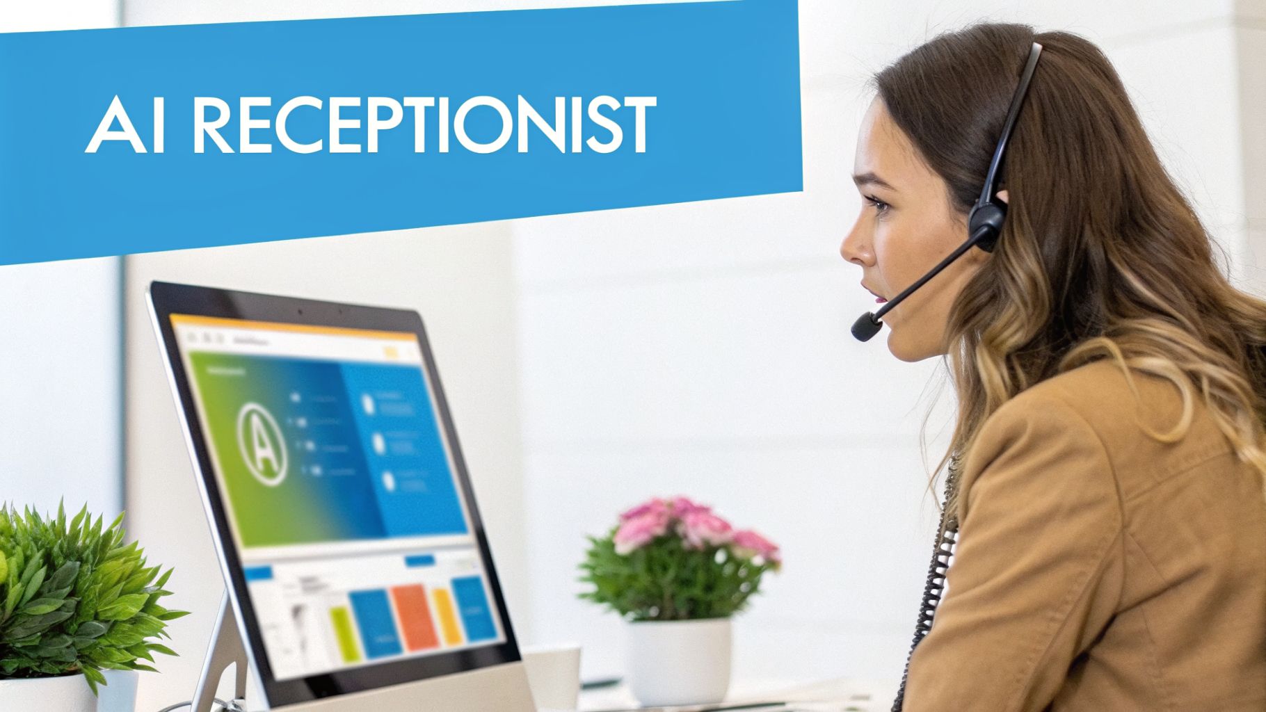 A woman in a headset works at a computer, showing 'AI RECEPTIONIST' on a blue banner.