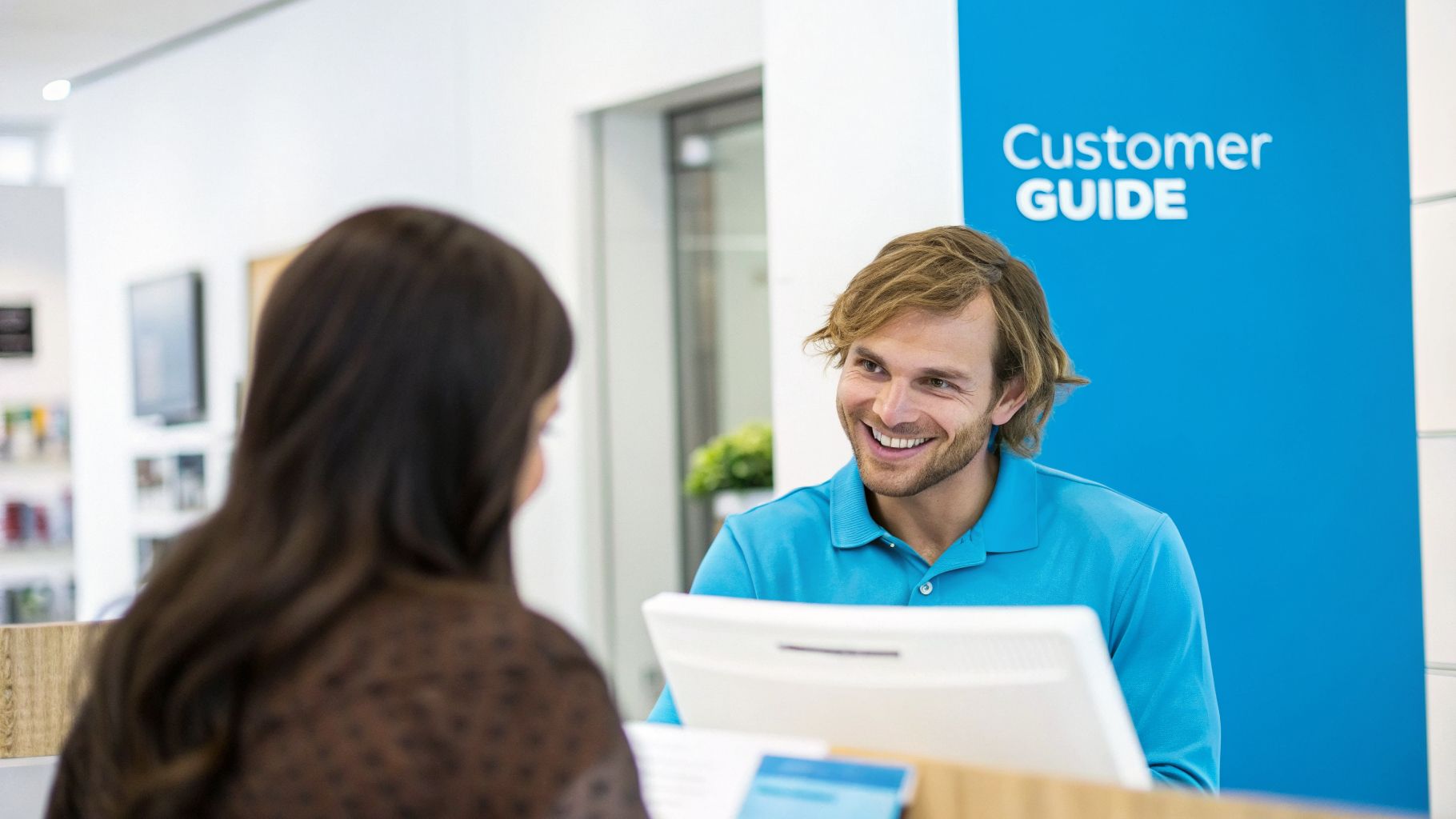 A friendly male customer guide smiles at a female customer at a service desk.
