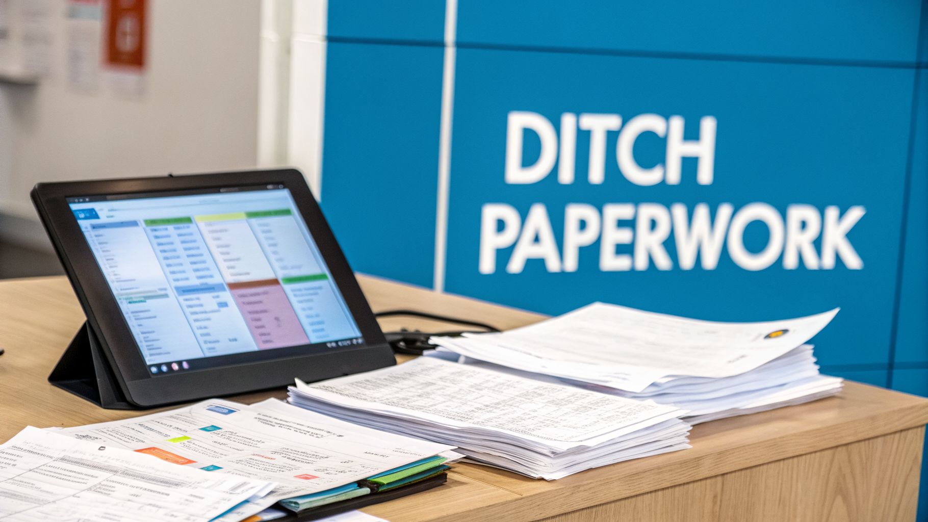 A tablet displaying digital forms next to piles of physical paperwork, with a blue sign reading "DITCH PAPERWORK."