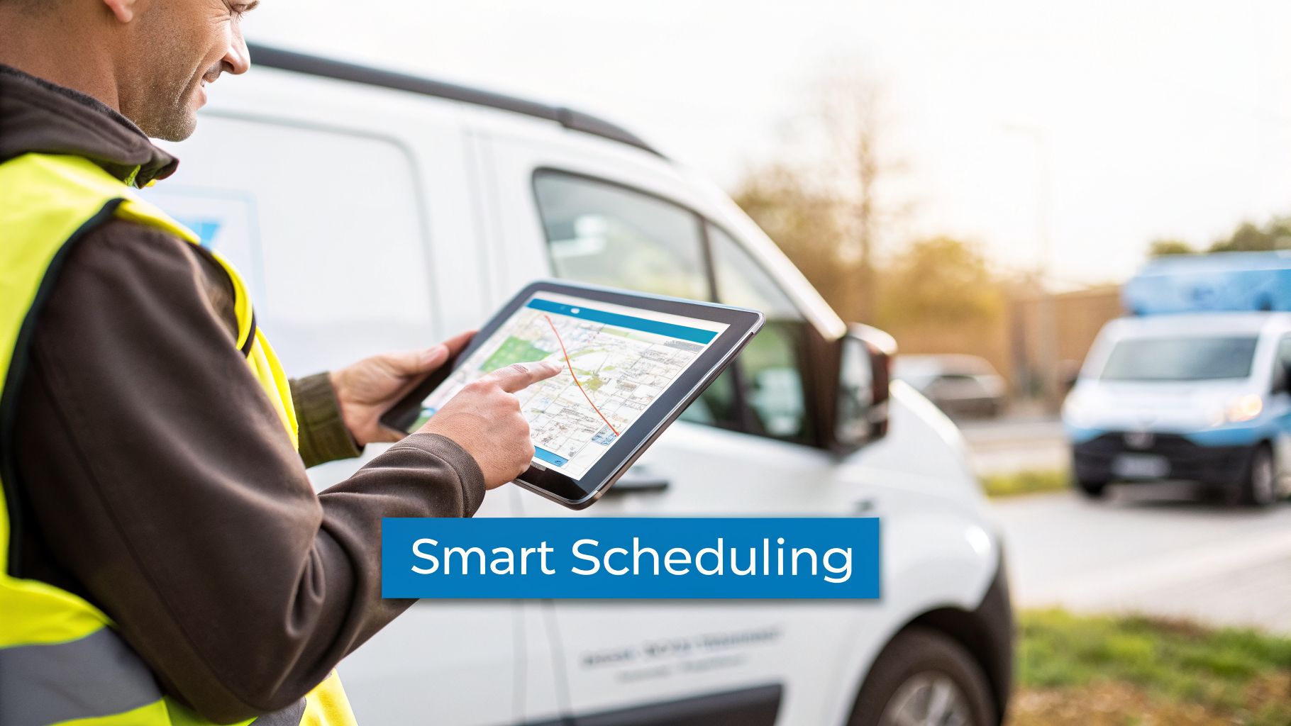 Man in safety vest uses a tablet with a map for smart scheduling of routes and deliveries.