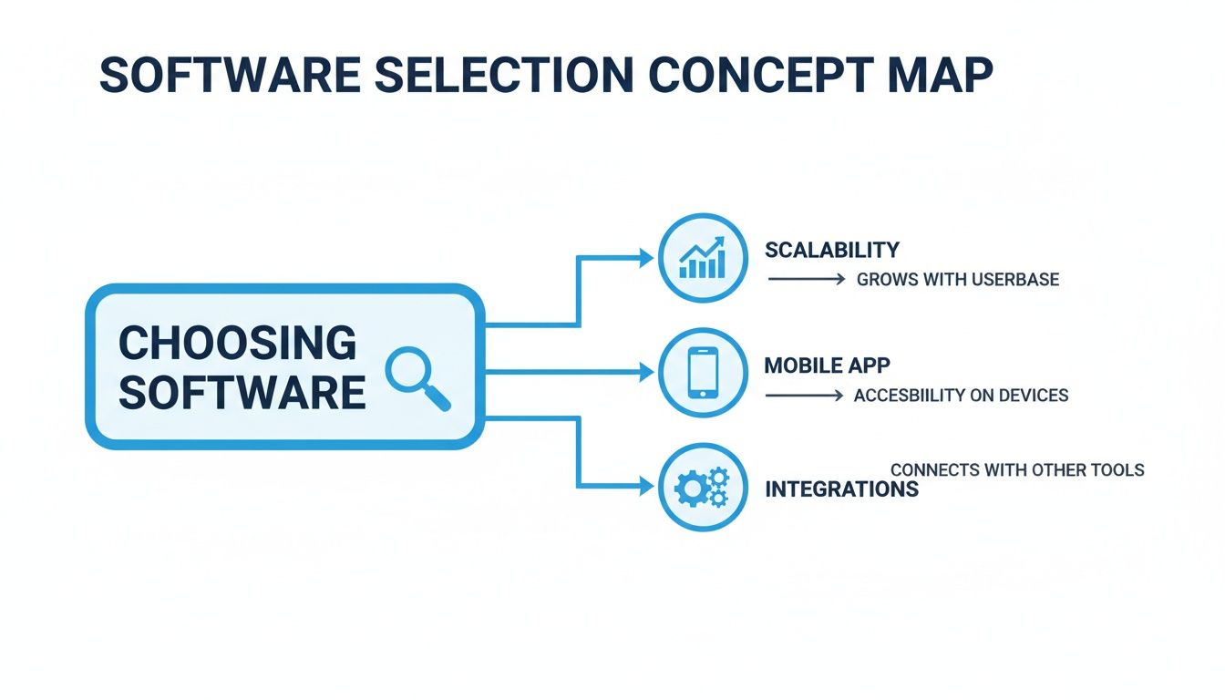 Concept map illustrating key factors for choosing software: scalability, mobile app, and integrations.