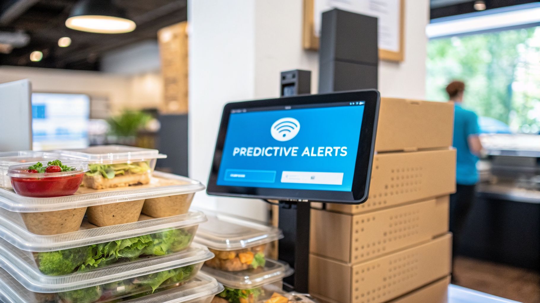 Tablet displaying 'Predictive Alerts' next to stacks of pre-packaged meals and boxes in a food service area.