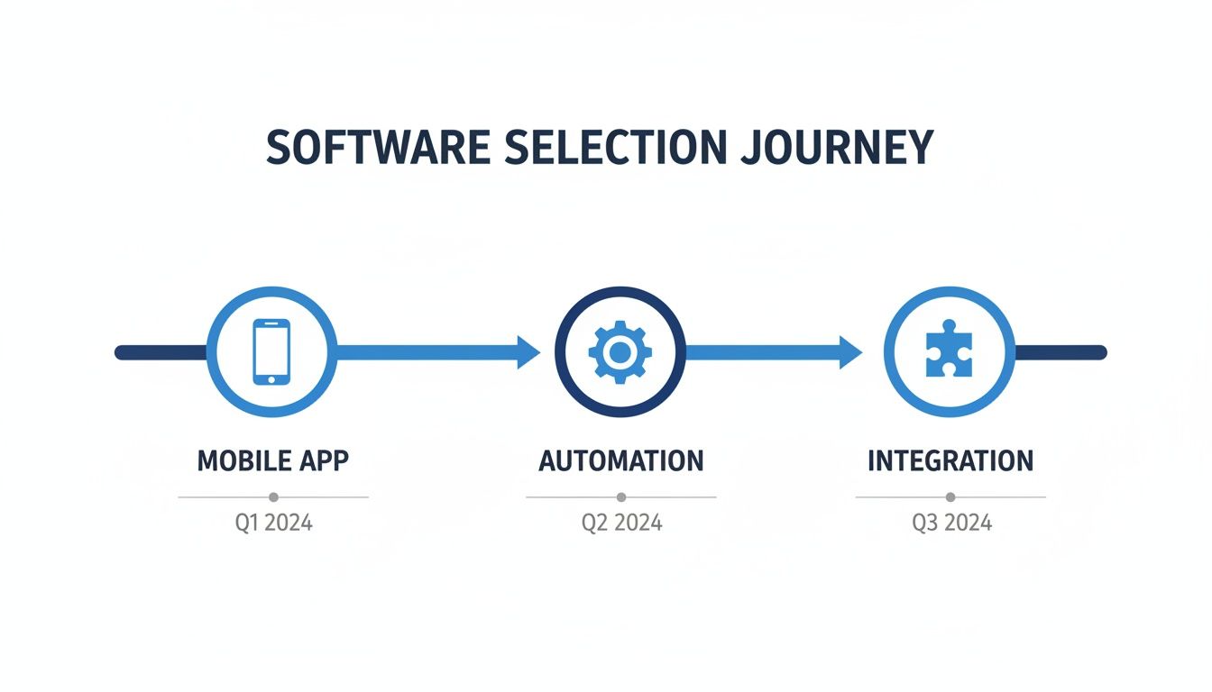 A timeline illustrating the software selection journey for 2024, including Mobile App (Q1), Automation (Q2), and Integration (Q3).