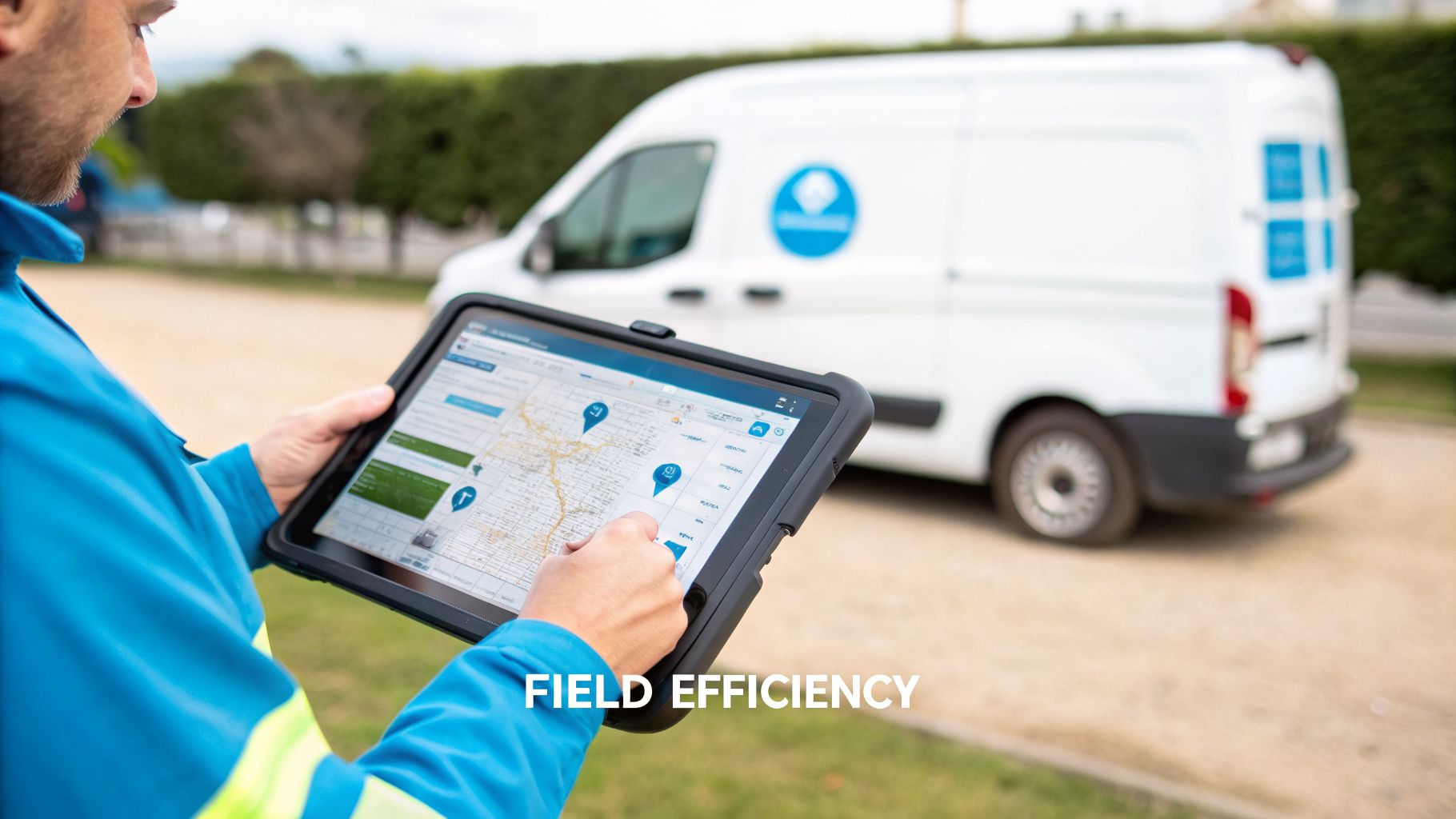 Field worker in blue uniform uses a rugged tablet with a map for route optimization, near a service van.