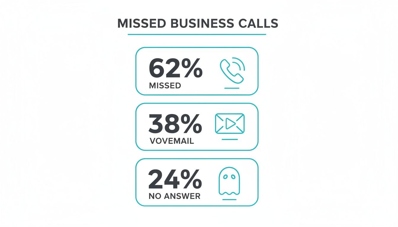 Infographic displaying statistics on missed business calls, showing 62% missed, 38% voicemail, and 24% no answer.