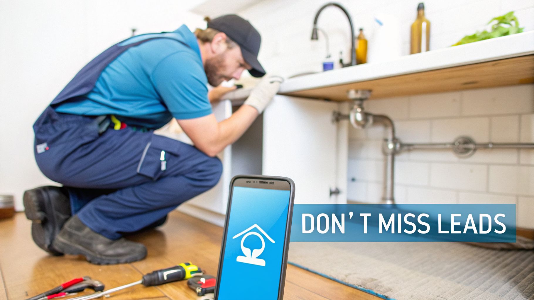 A contractor in a blue uniform fixes a sink, with a smartphone displaying an app and tools nearby.