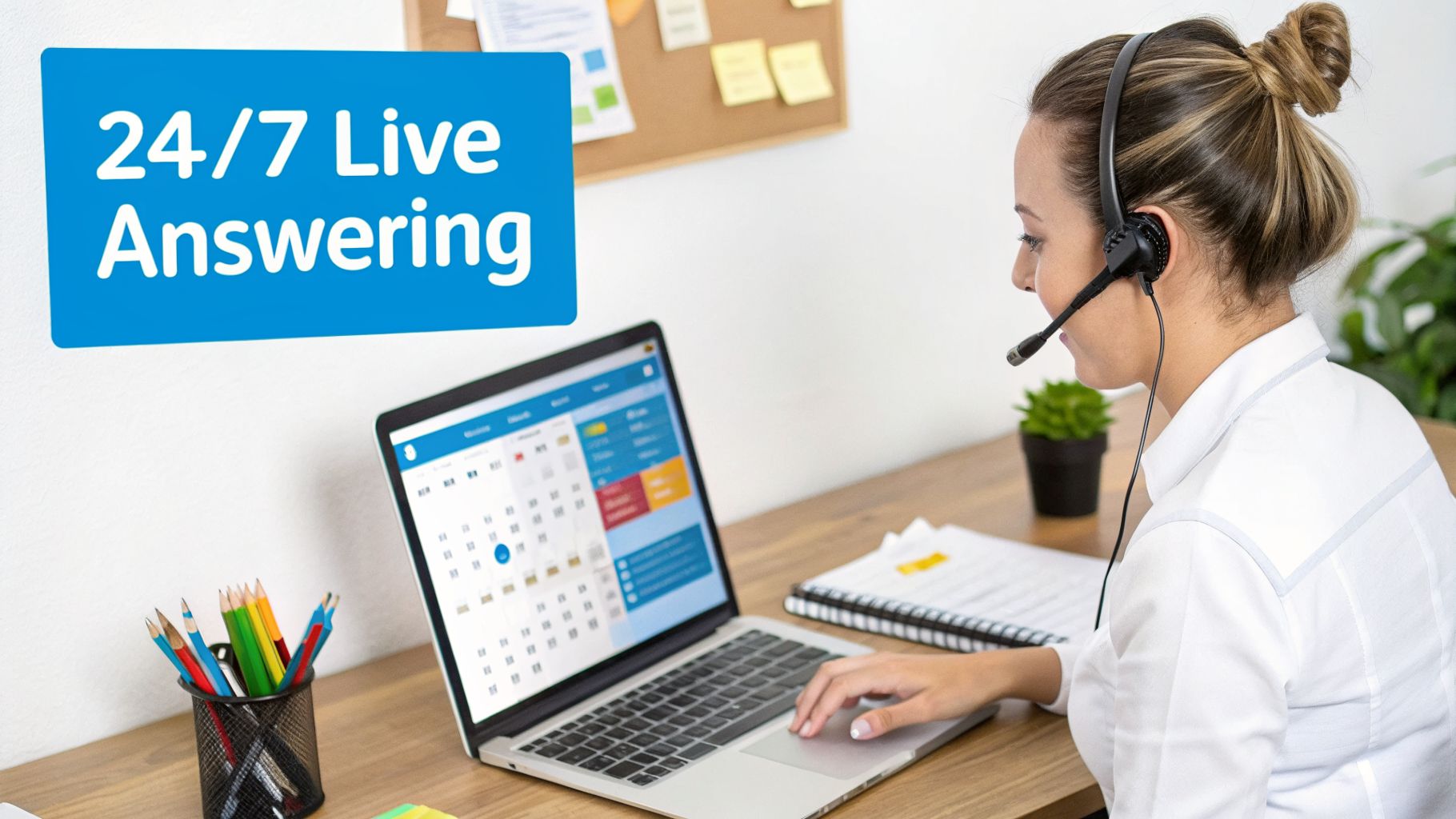 Professional customer service agent with headset working on laptop under '24/7 Live Answering' sign.