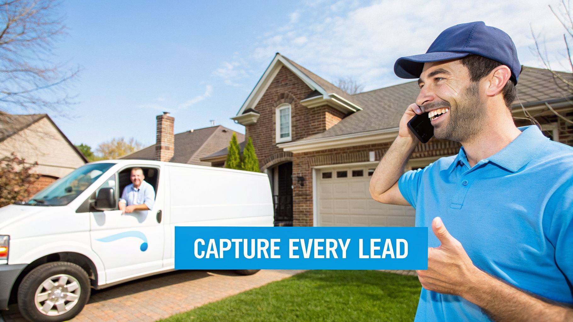 Two happy contractors, one in a service van and another on the phone, conveying 'Capture Every Lead'.