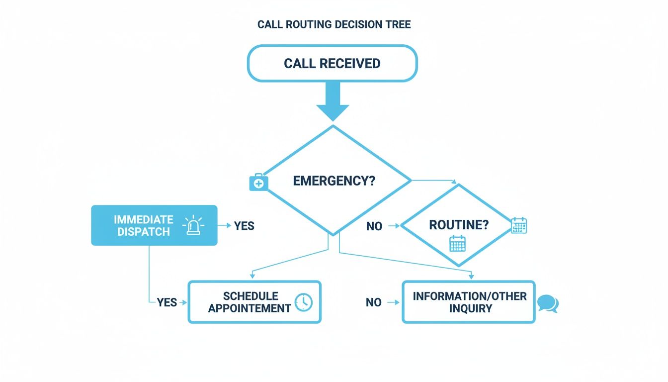 A call routing decision tree flowchart outlines steps for handling incoming calls based on urgency.