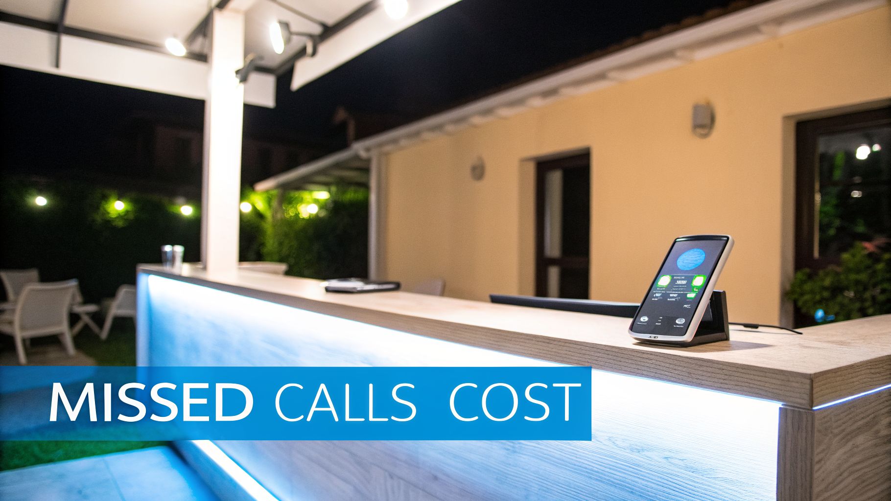 A modern reception desk with blue LED lighting and a smartphone on display in a night setting.