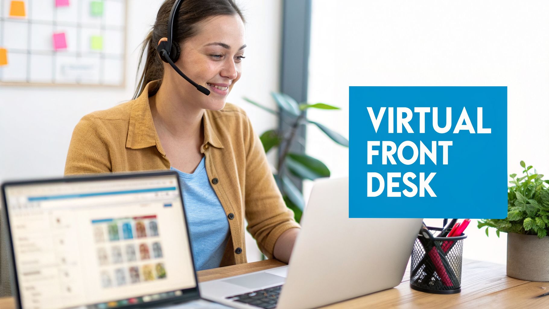 A smiling woman wearing a headset works on two laptops, representing a virtual front desk service.