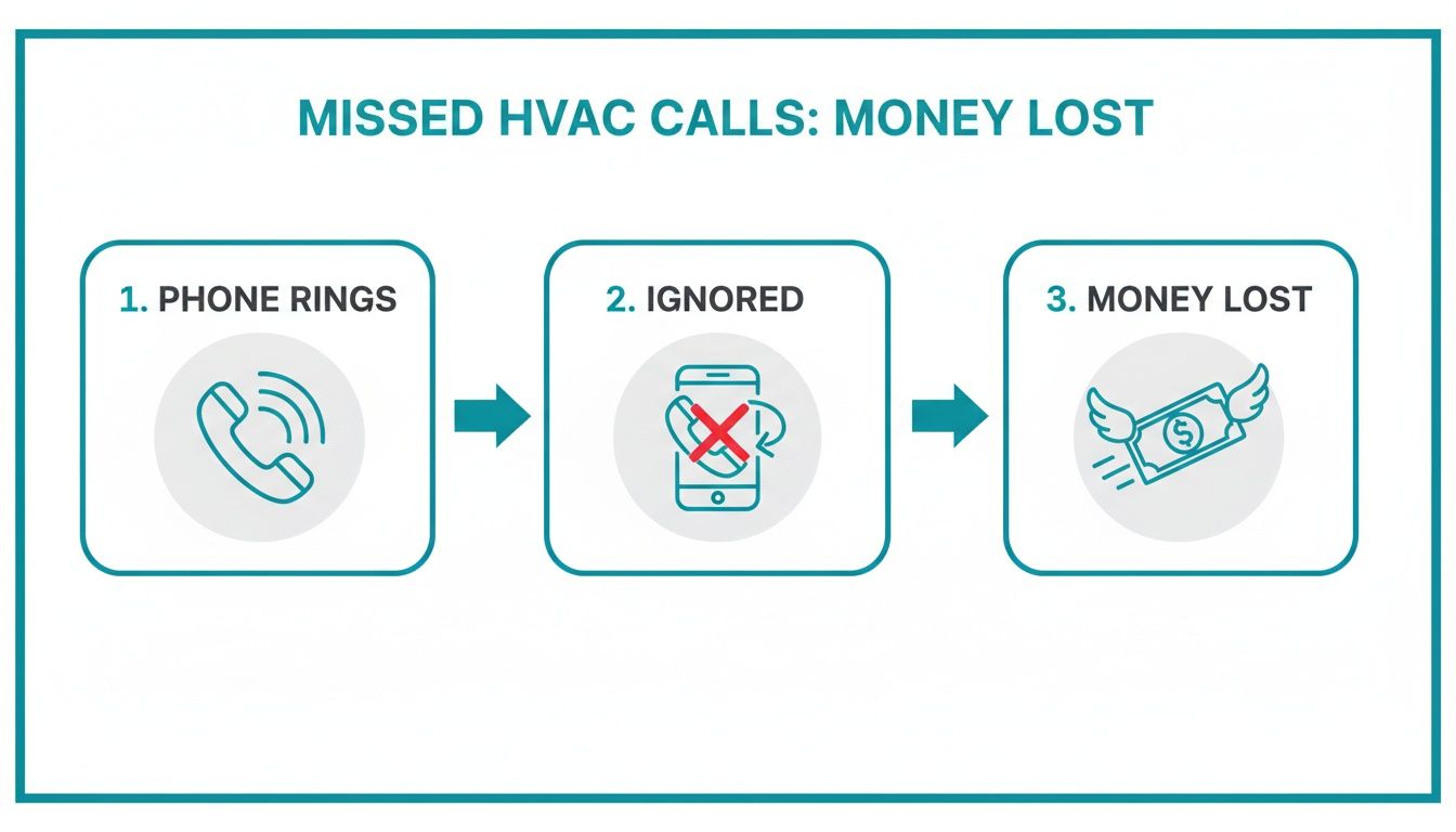 Flowchart showing how missed HVAC calls lead to lost money, depicting a ringing phone, an ignored call, and flying cash.