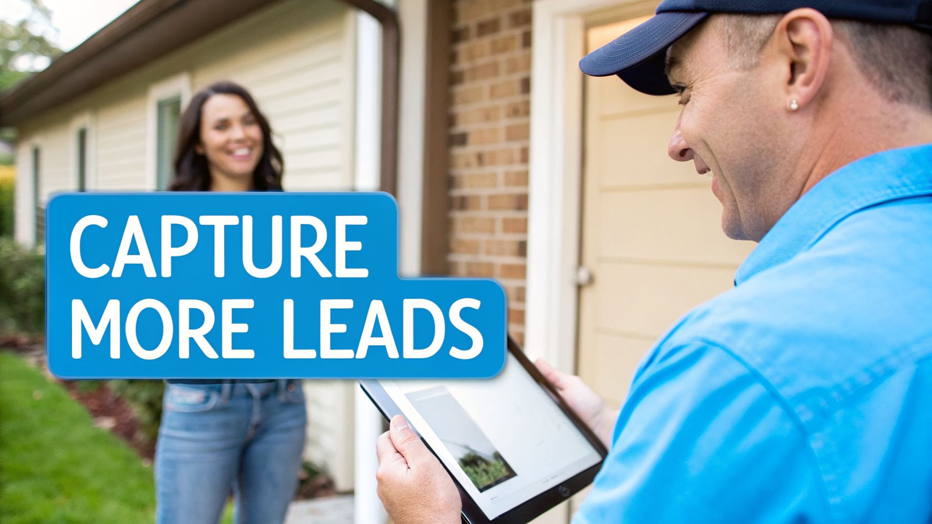 HVAC service professional uses a tablet to engage with a smiling client, displaying 'CAPTURE MORE LEADS' text.