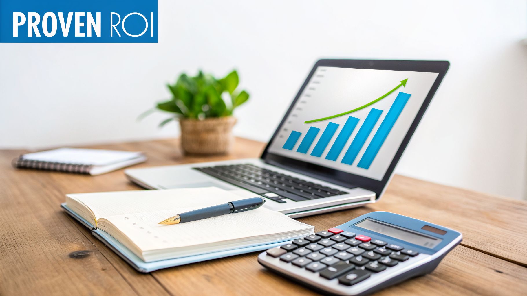 A laptop displaying a rising bar chart, notebook, pen, calculator, and plant on a wooden desk with a 'PROVEN ROI' banner.