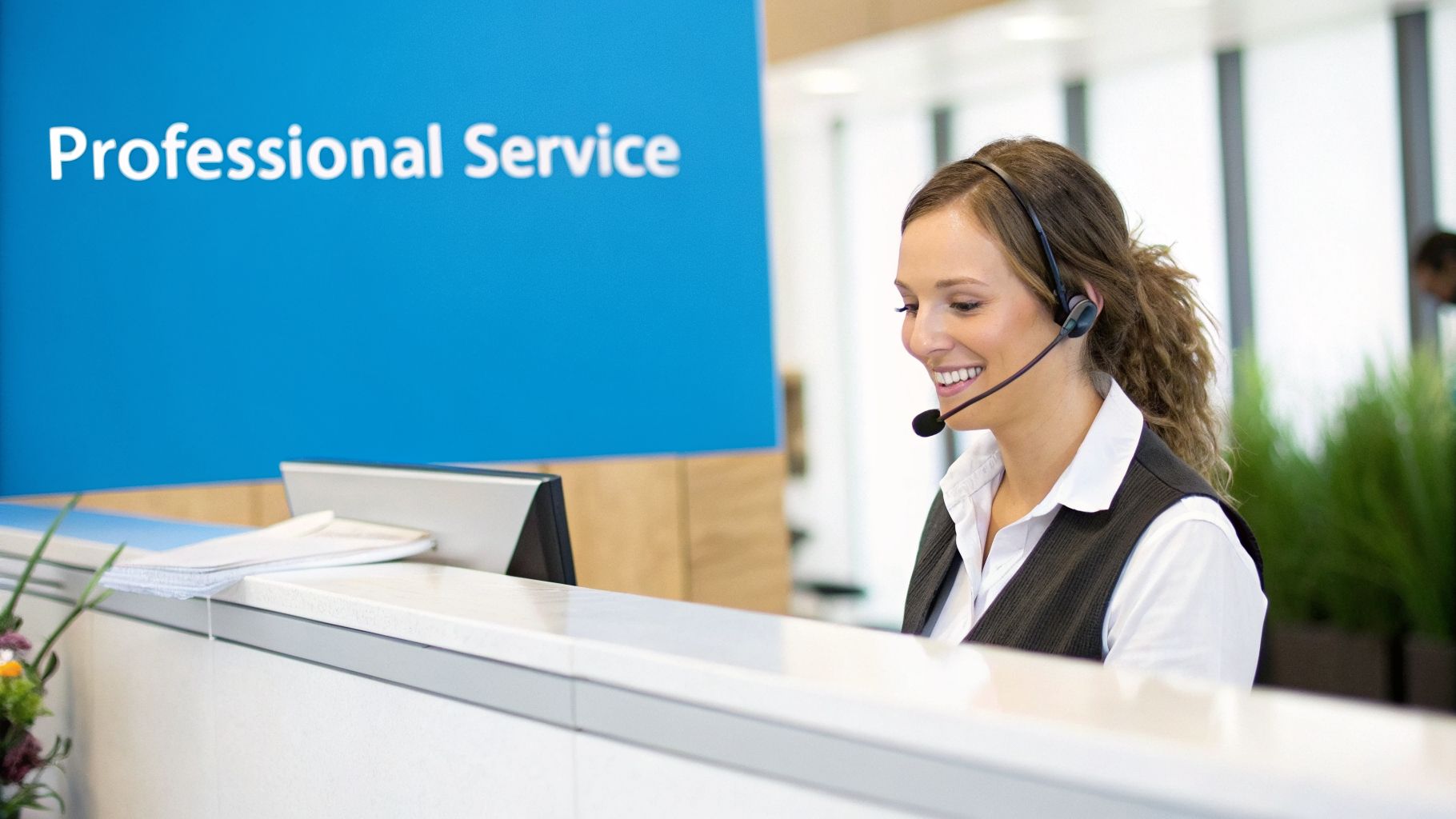 A smiling female receptionist wearing a headset, providing professional service at a bright office desk.