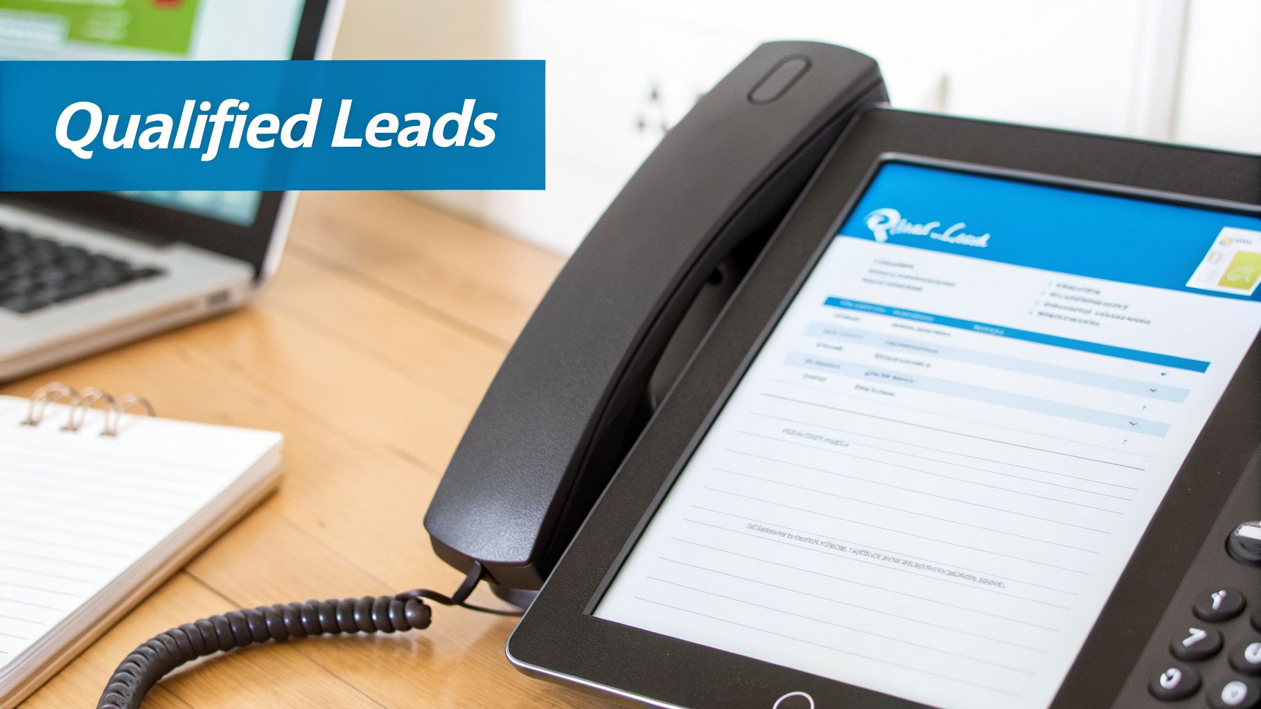 Modern office desk with a laptop, notebook, and a smart desk phone displaying 'Qualified Leads' software.