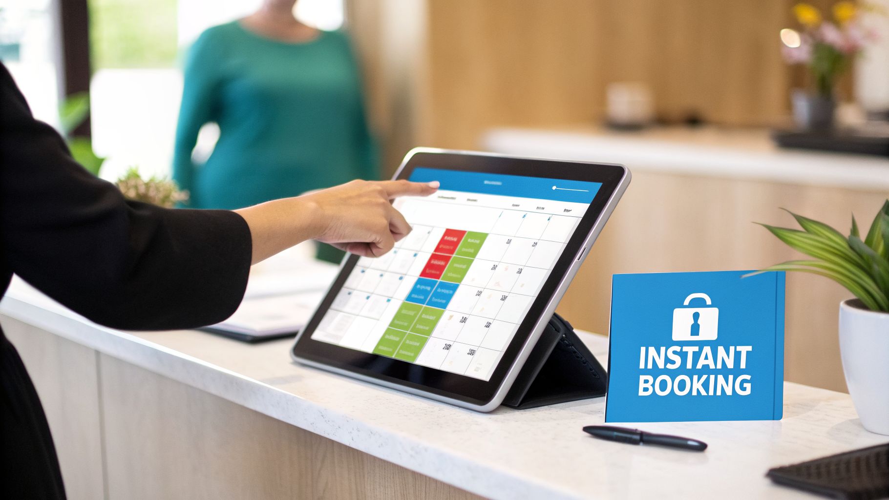 A person's hand pointing at a digital calendar on a tablet, with an 'Instant Booking' sign visible.