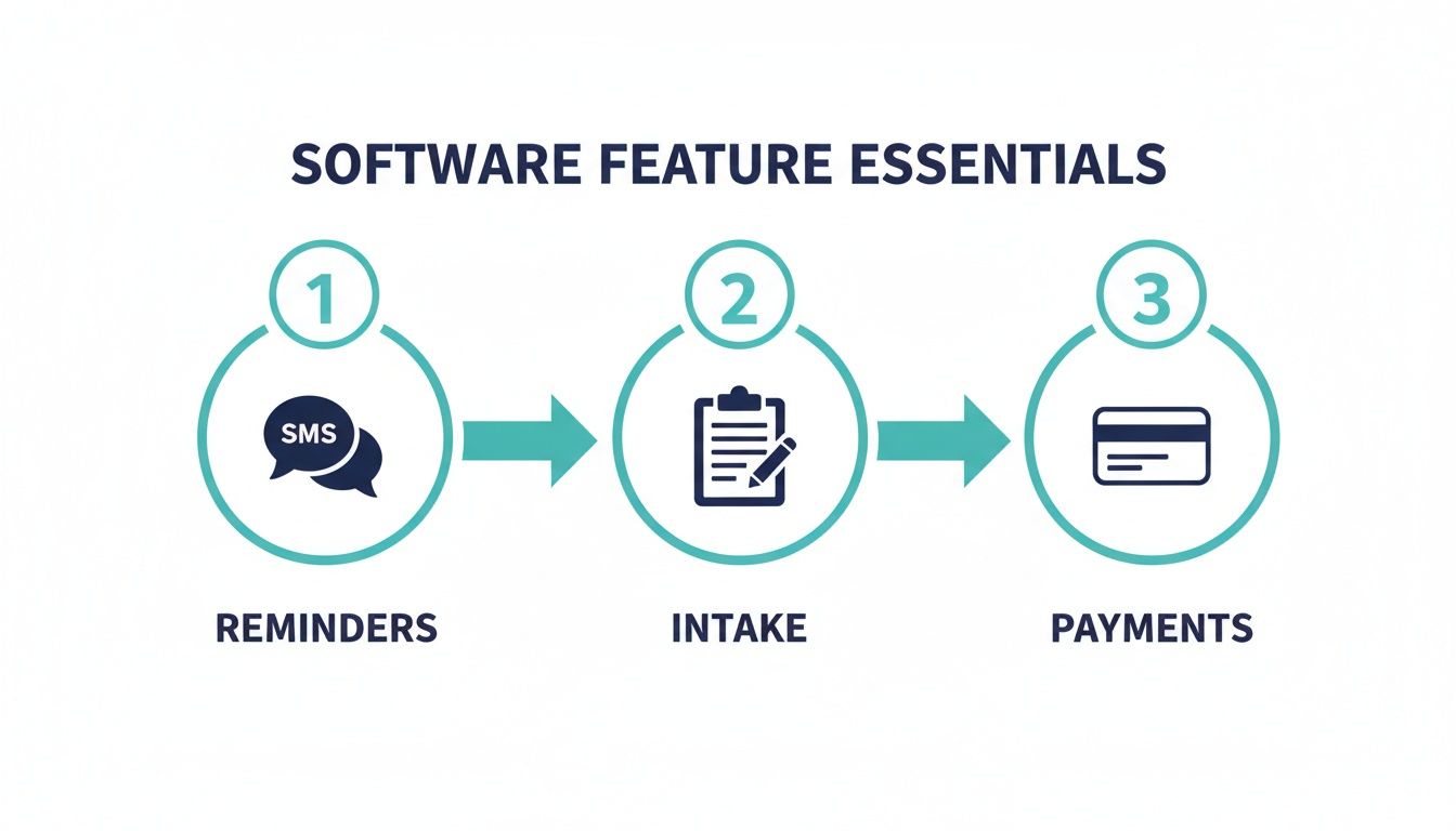 A three-step software feature essentials diagram showing Reminders (SMS), Intake (form), and Payments (credit card).