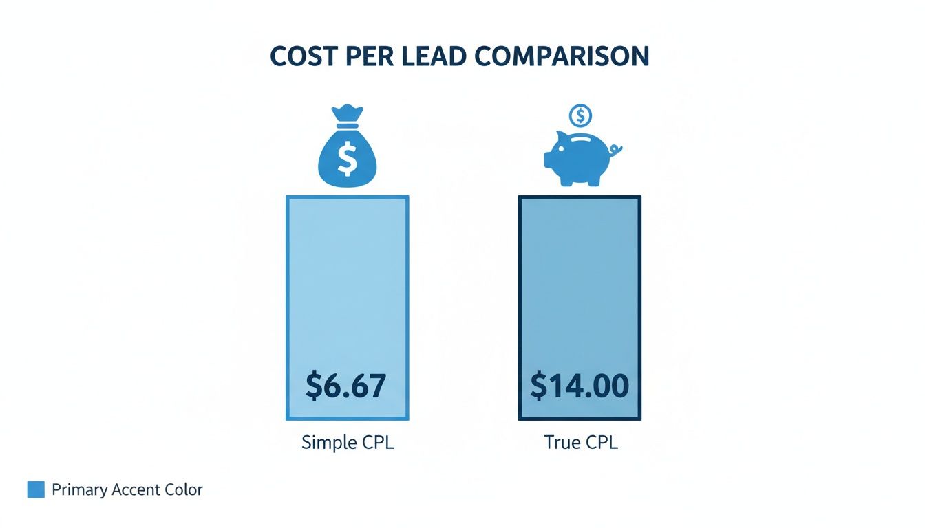 Bar chart comparing Simple CPL ($6.67) and True CPL ($14.00) for lead cost analysis.