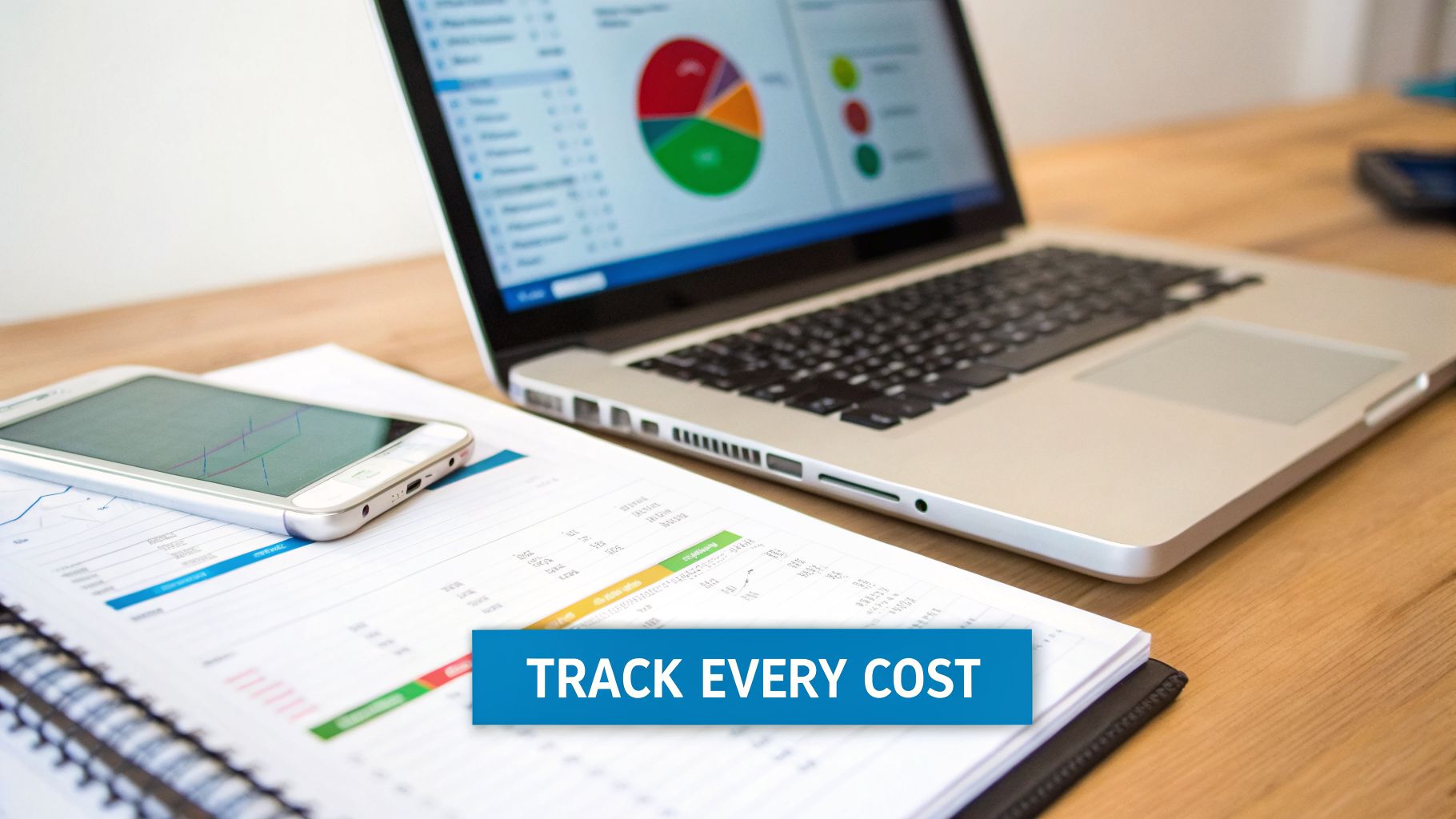 A laptop displaying financial charts and graphs, with documents and a smartphone, on a desk for cost tracking.