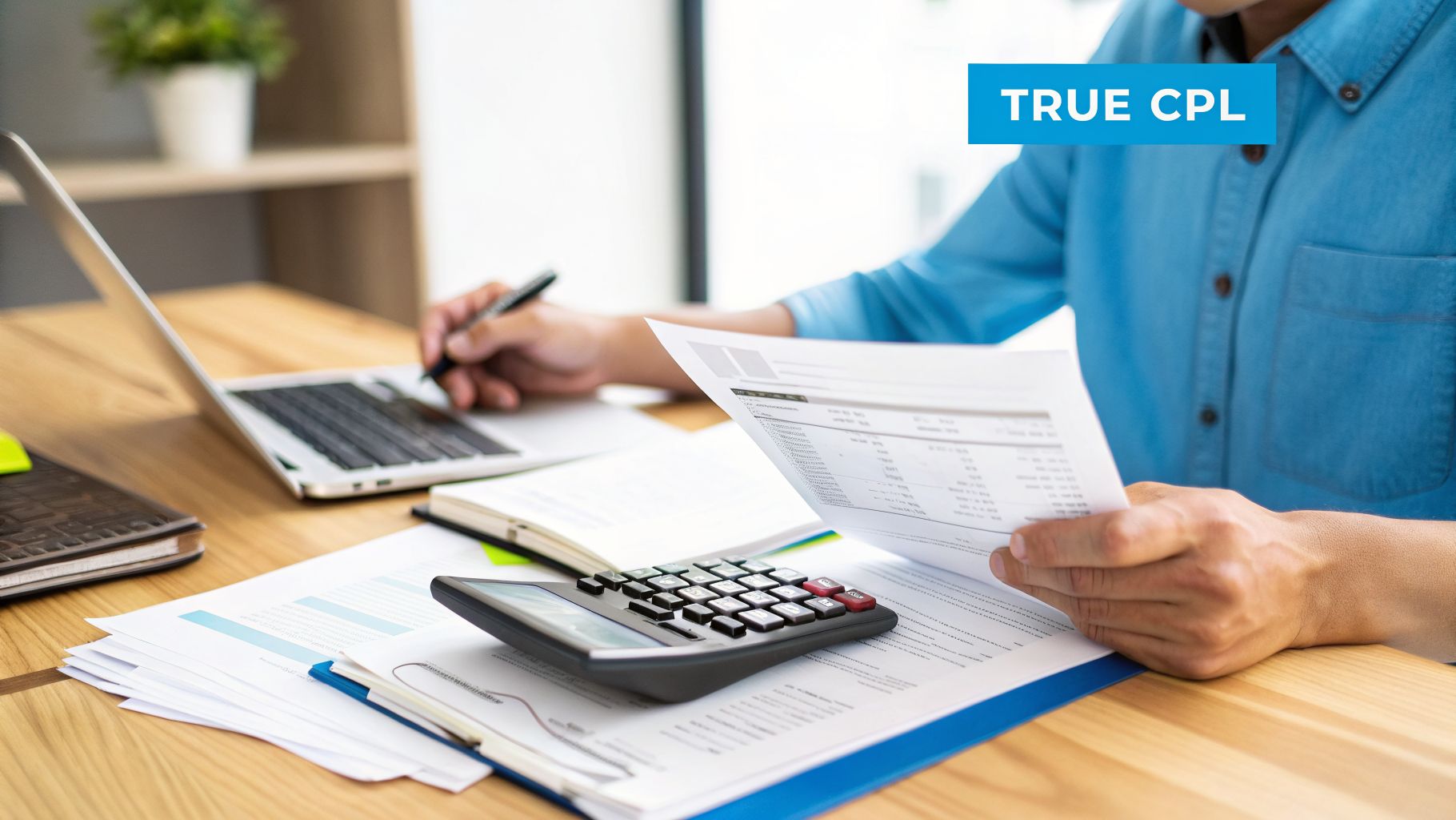 A person works at a desk with a laptop, calculator, and papers, reviewing financial documents.