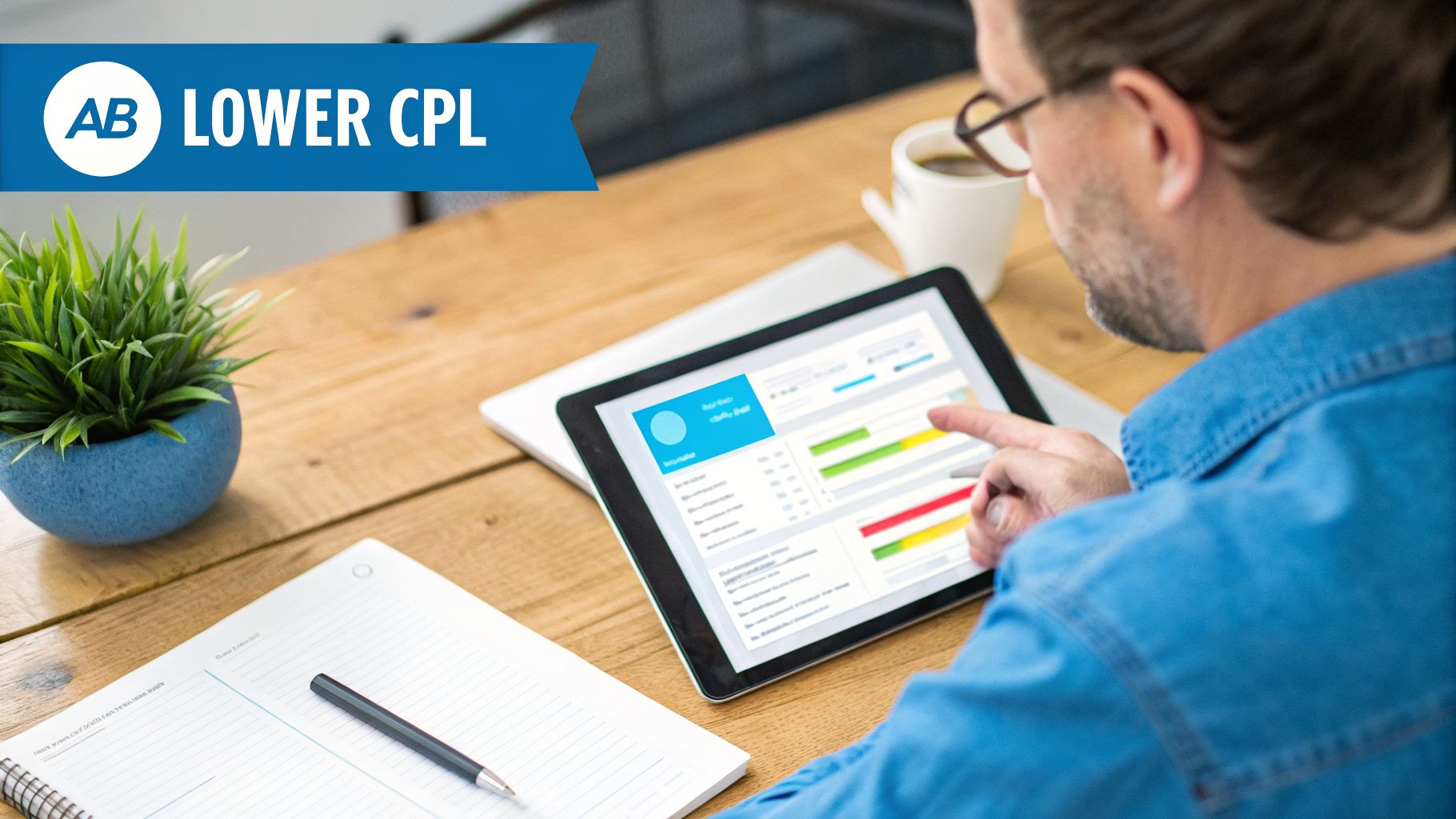 Man analyzing marketing data on a tablet, with a 'Lower CPL' banner, notebook, and coffee.