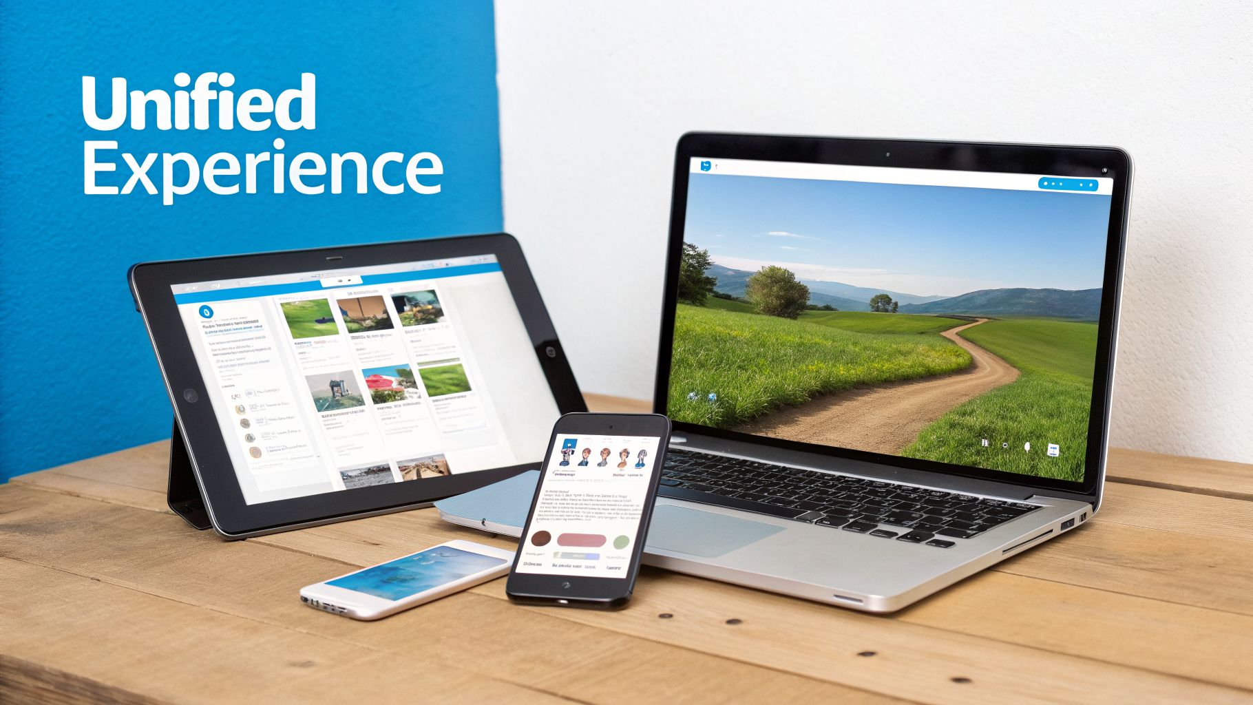 A tablet, laptop, and two smartphones on a wooden desk displaying a unified digital experience.