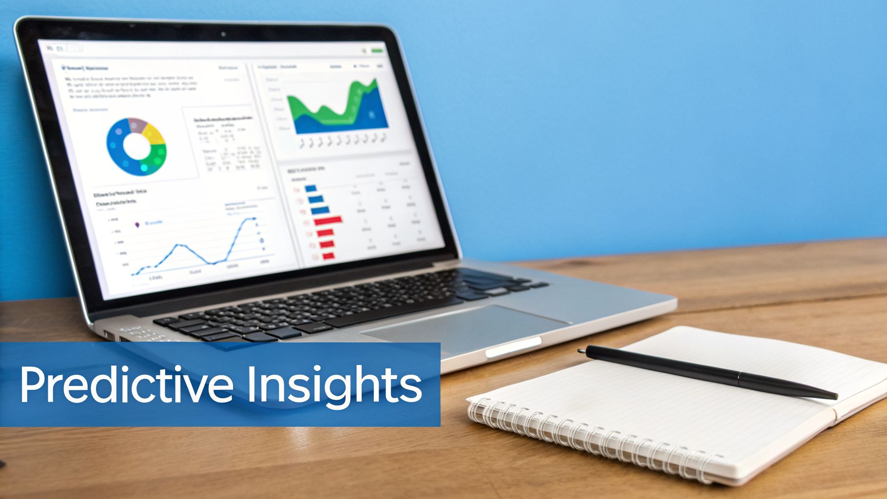 Laptop displaying predictive insights with charts and graphs, on a wooden desk with a notebook and pen.