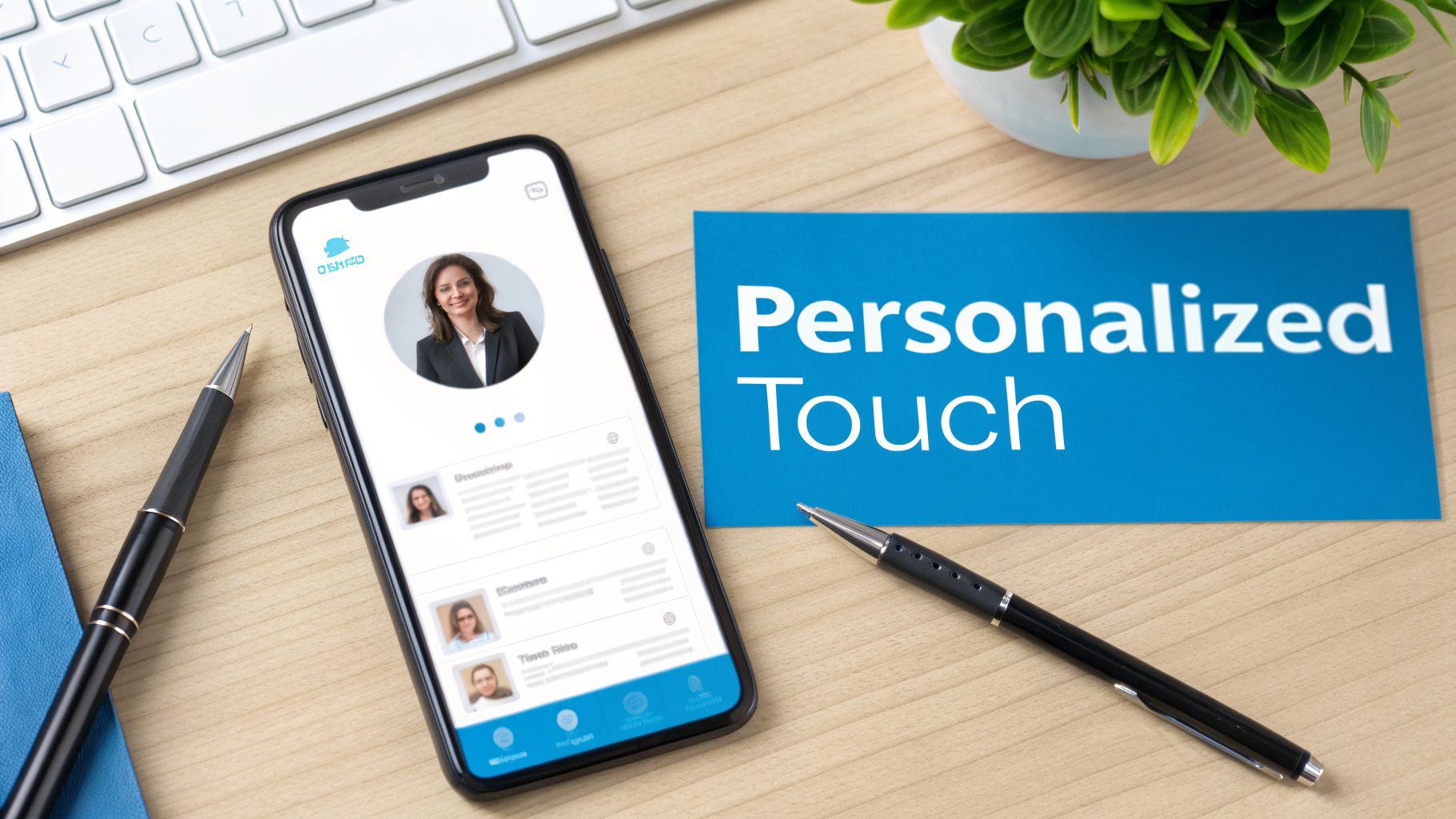 A smartphone on a desk shows a profile app with a woman's photo, alongside a blue card saying "Personalized Touch".