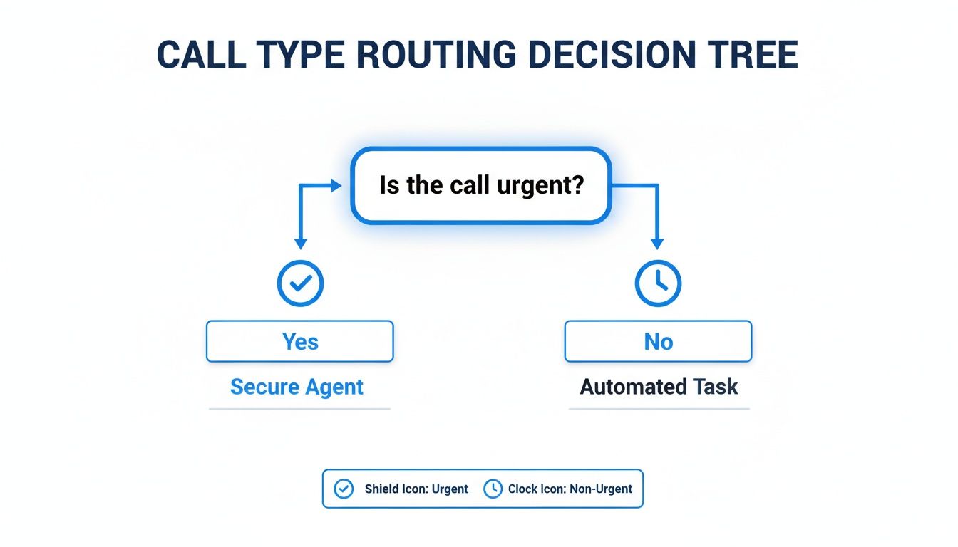 A call type routing decision tree diagram. Urgent calls are routed to a Secure Agent, while non-urgent calls go to an Automated Task.