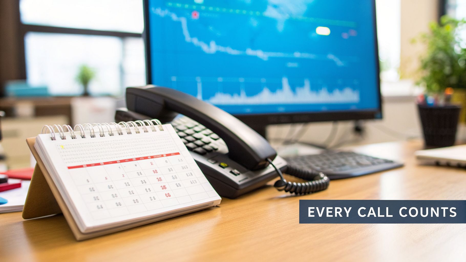 A desk with a calendar, a landline phone, and a computer screen showing financial charts.