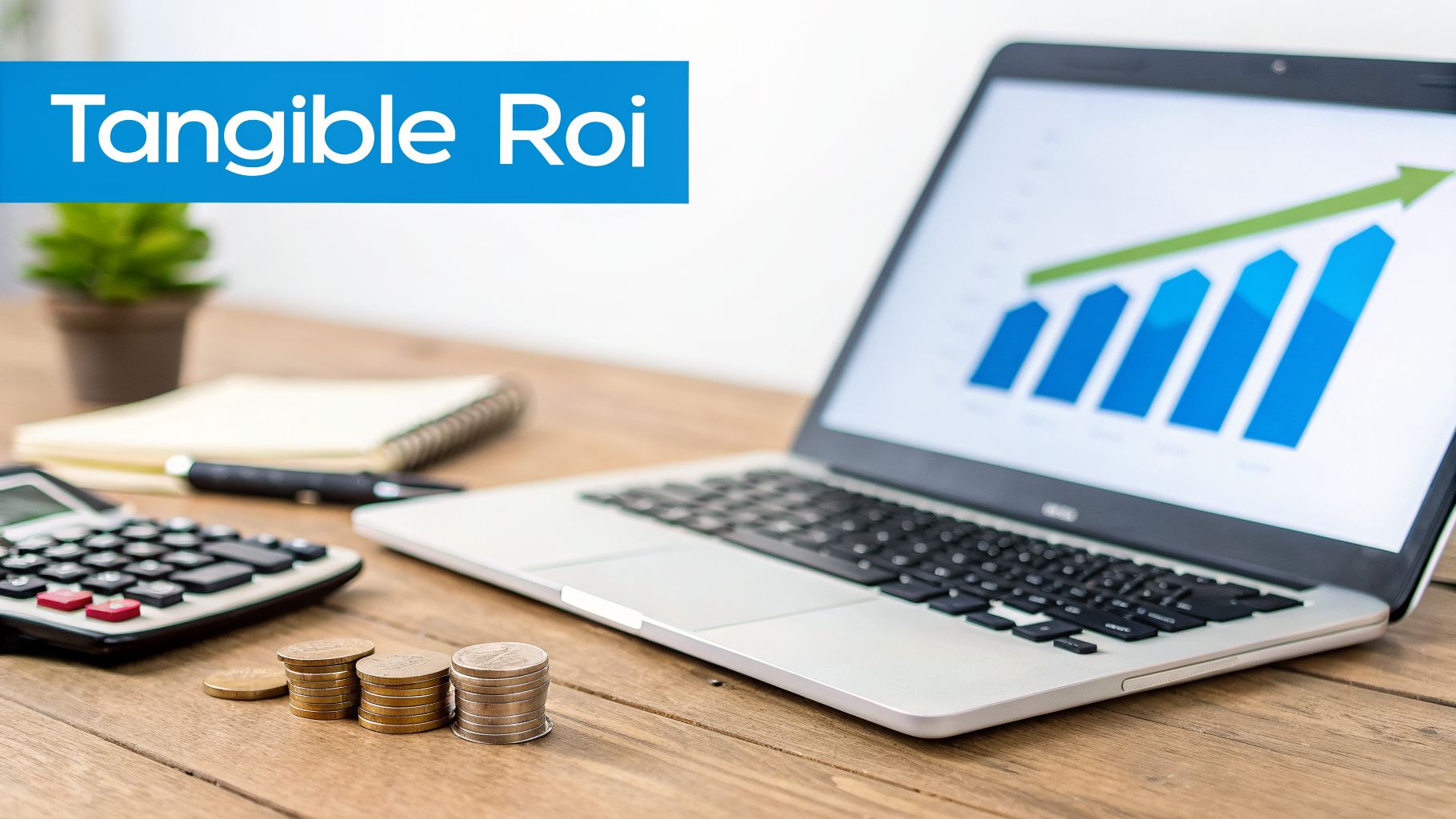A desk setup with a laptop showing a rising bar graph, calculator, coins, and the text 'Tangible Roi'.