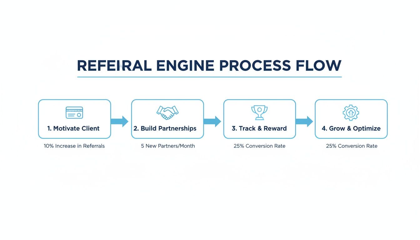 A four-step referral engine process flow diagram showing client motivation to grow and optimize.