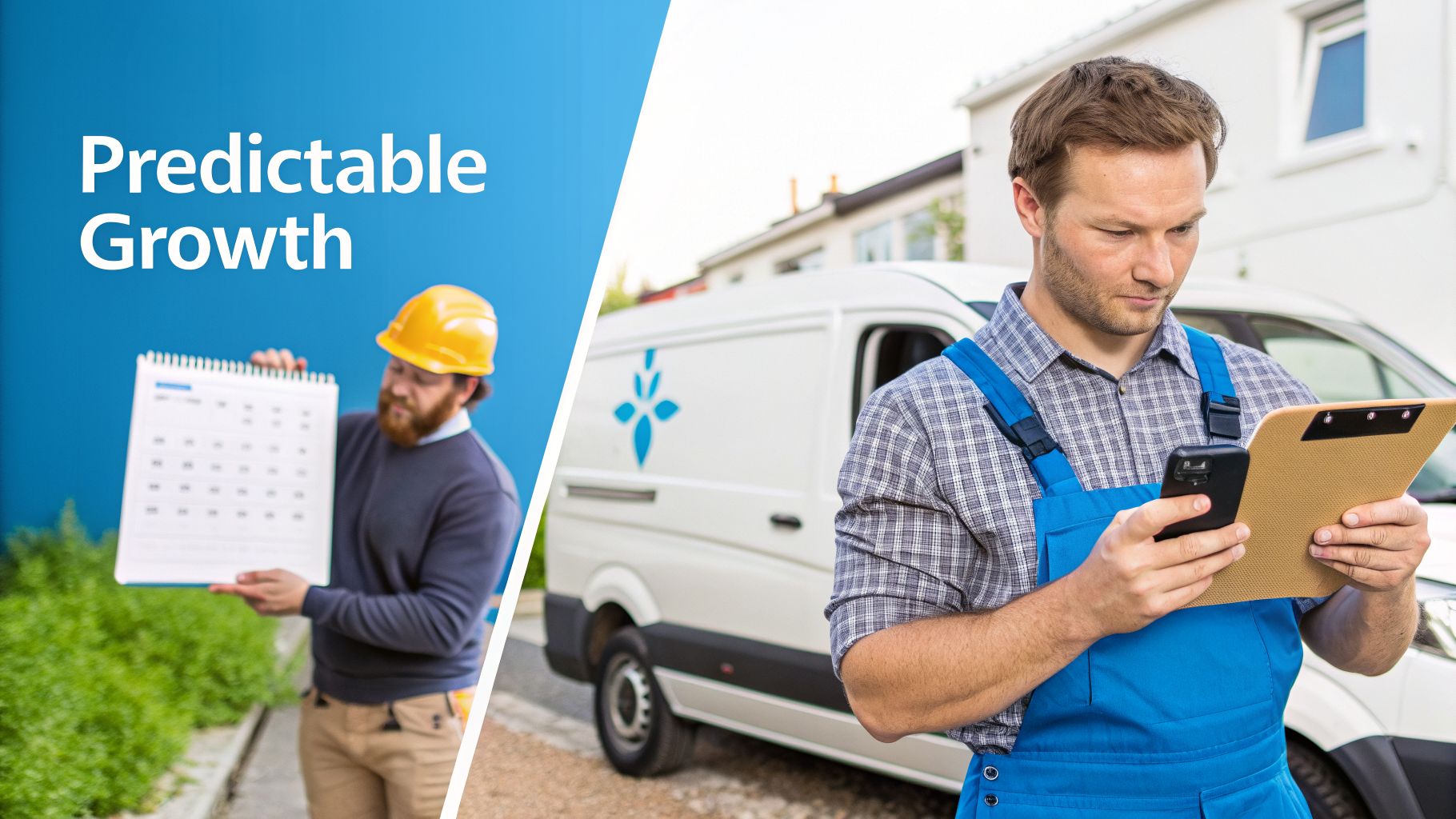 Contractors managing schedules: one with a calendar, another using a smartphone and clipboard by a service van.