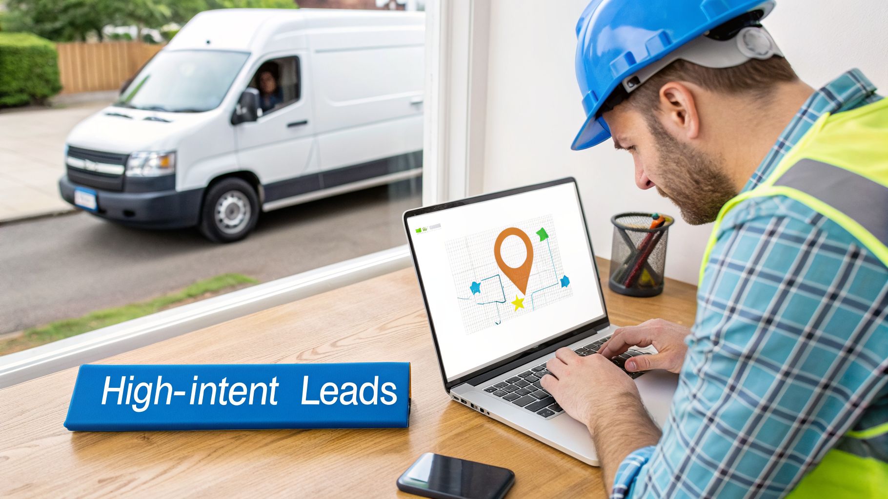 Contractor in hard hat on laptop showing map, next to 'High-intent Leads' sign, with service van outside.