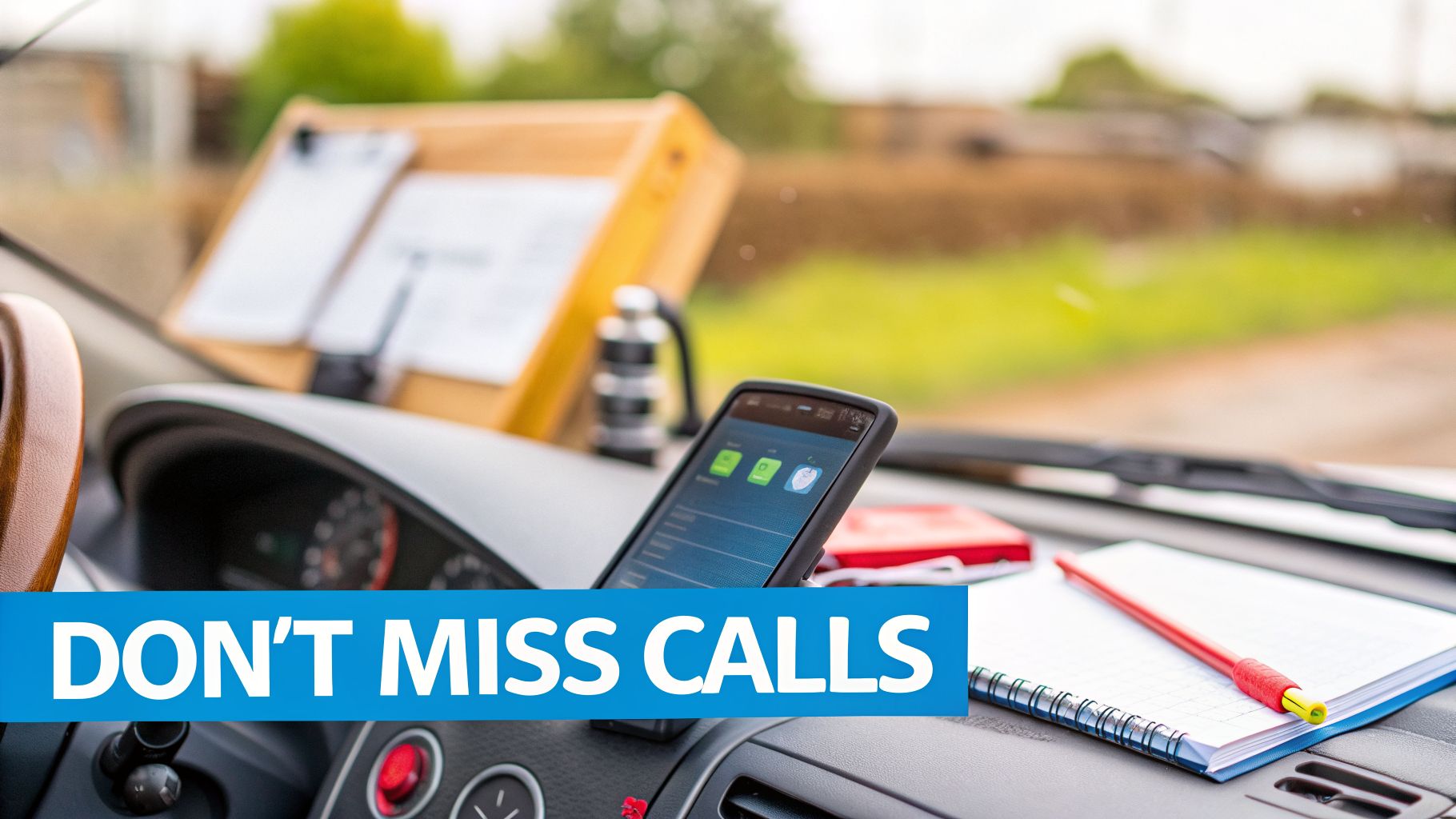 A smartphone mounted on a car dashboard with a notebook and pen, with a text overlay 'DON'T MISS CALLS'.