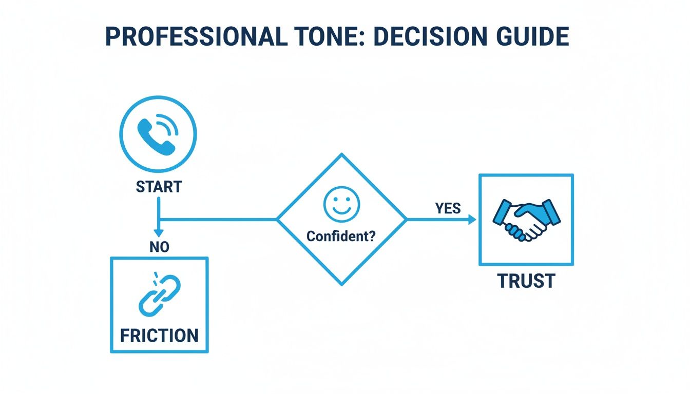 Flowchart on professional tone decision guide: confidence leads to trust, lack of it to friction.