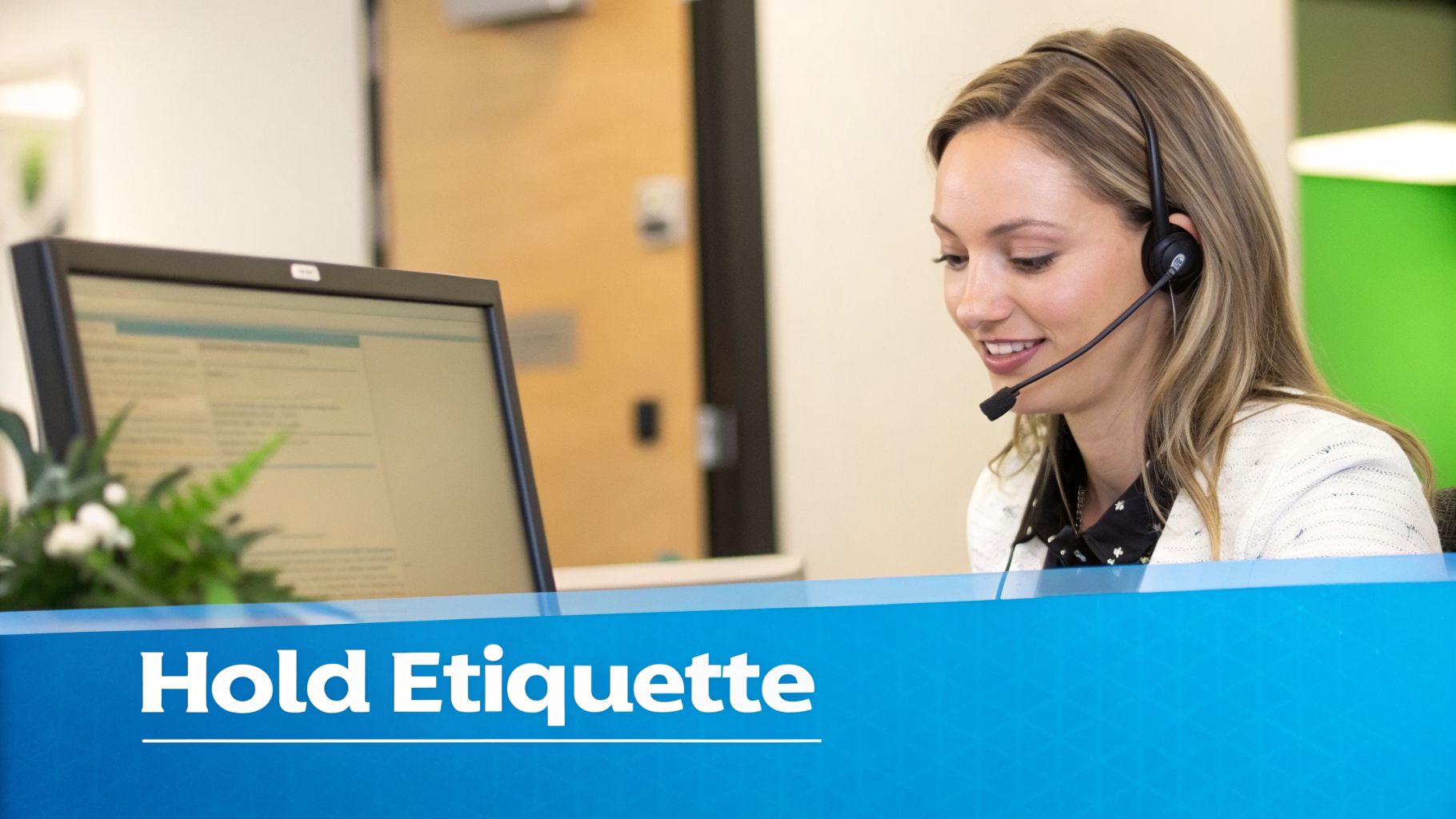 A smiling customer service representative with a headset looks at a computer screen, with 'Hold Etiquette' text.