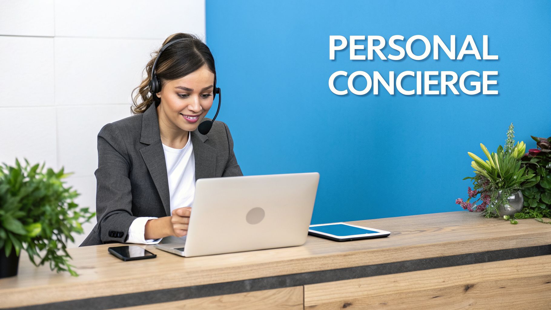 A smiling female agent with a headset helps customers from a desk with 'PERSONAL CONCIERGE' text.