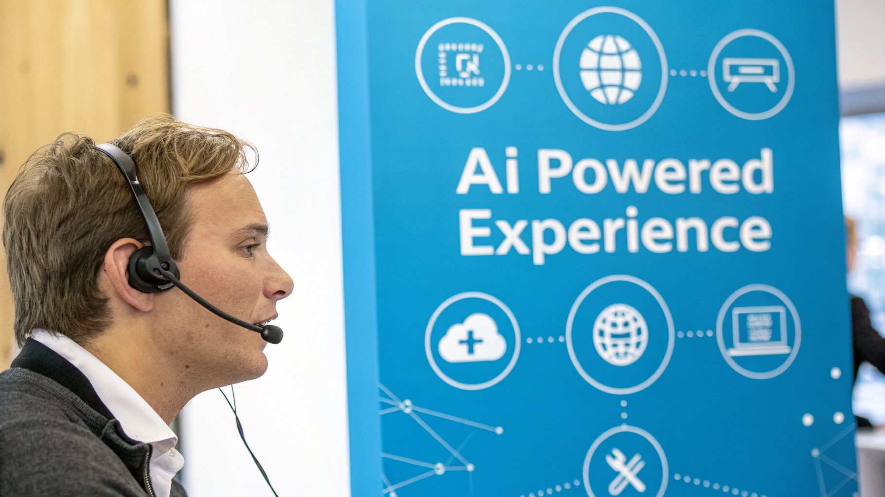 A man in a headset talks next to a blue banner advertising 'AI Powered Experience' solutions.