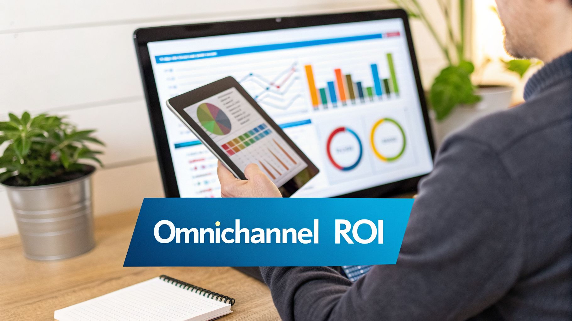 Person analyzes omnichannel ROI data on a laptop and tablet, showing various business charts and graphs.