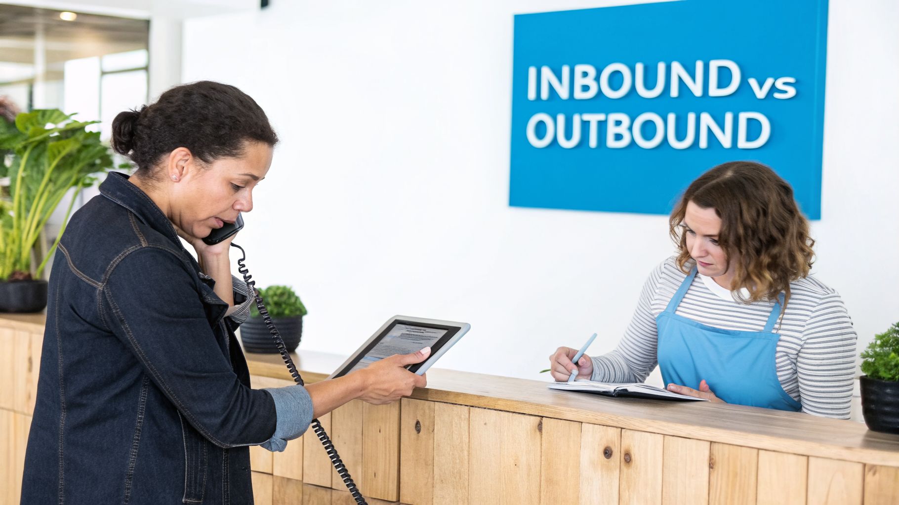 Two women working at a reception desk, one on the phone and tablet, the other writing in a notebook, with an 'INBOUND vs OUTBOUND' sign.