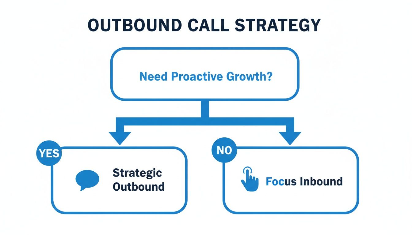 Flowchart detailing outbound call strategy: 'Need Proactive Growth?' leads to 'Strategic Outbound' (Yes) or 'Focus Inbound' (No).