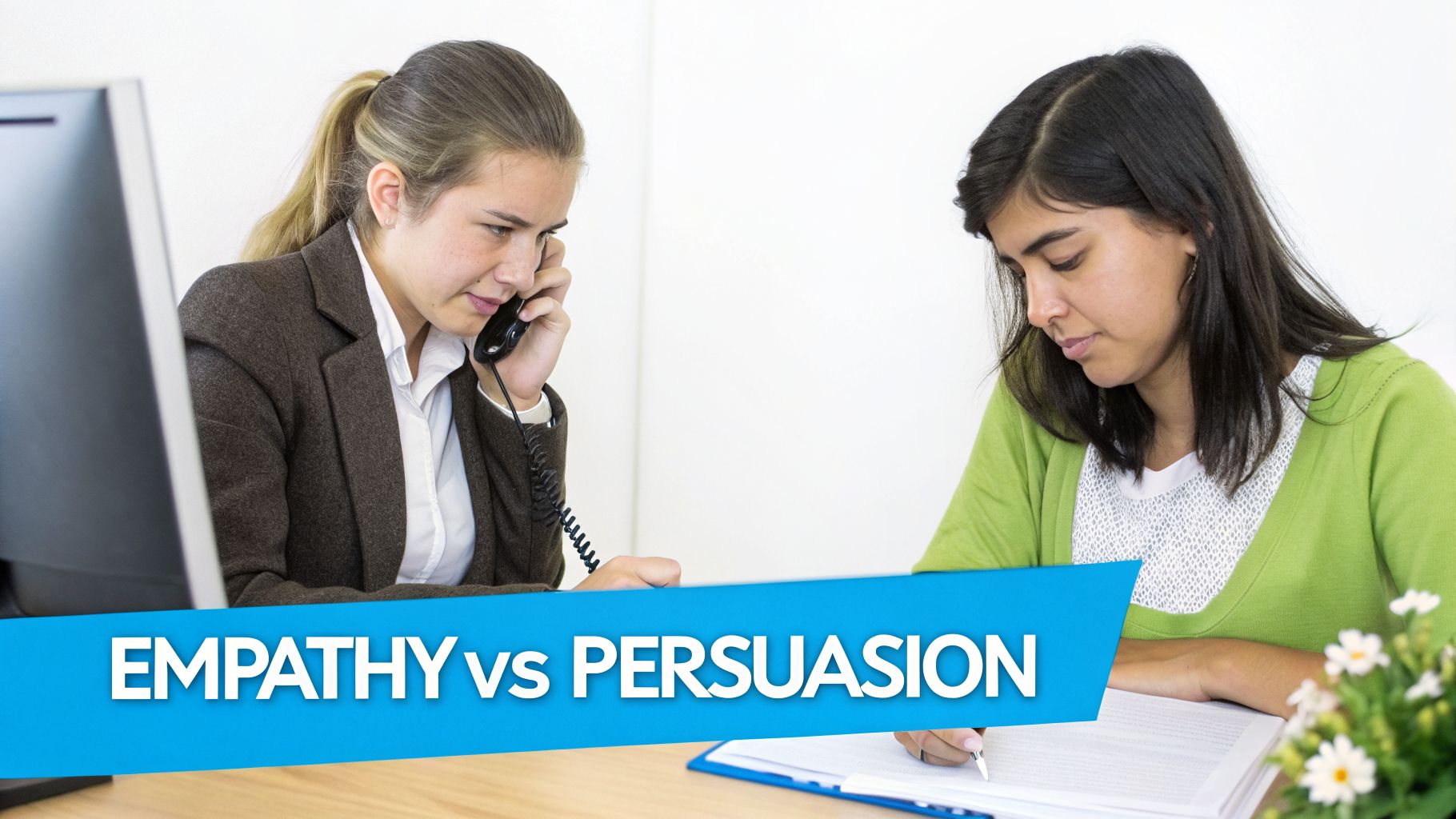 A woman on a telephone call and another writing at a desk, with text "EMPATHY vs PERSUASION".