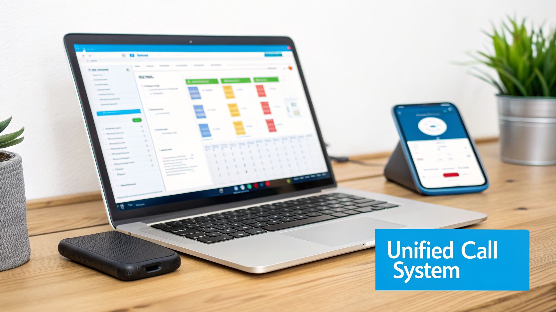 A modern desk features a laptop displaying a call system, a smartphone, and a communication device.