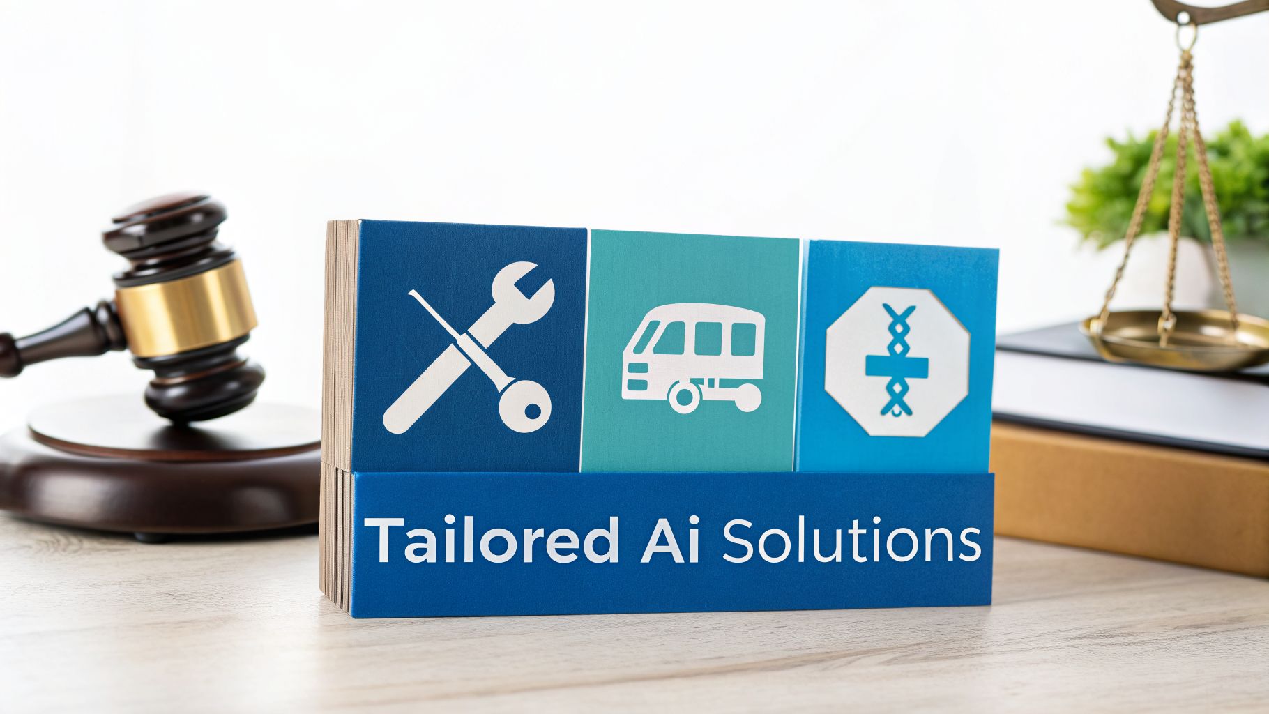A stand displaying 'Tailored Ai Solutions' with icons representing legal, technical, transport, and scientific industries.