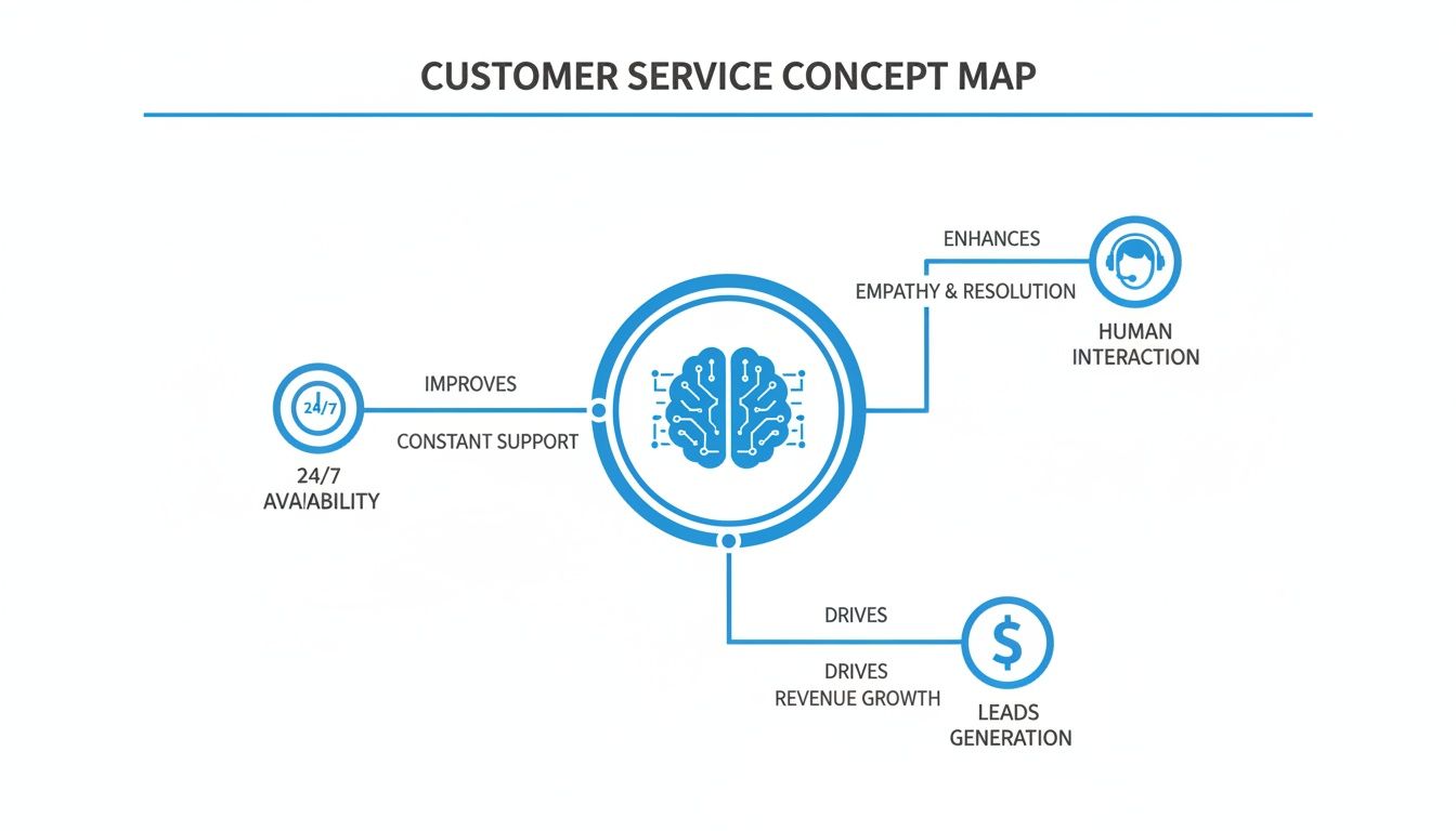 A customer service concept map illustrating improved constant support, enhanced human interaction, and driven revenue growth.