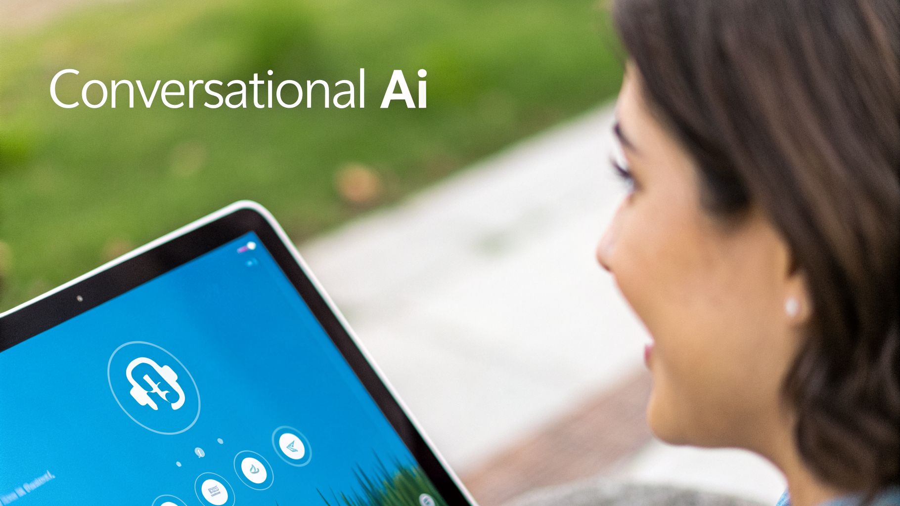 A smiling woman looks at a tablet displaying a conversational AI application with a headphone icon.